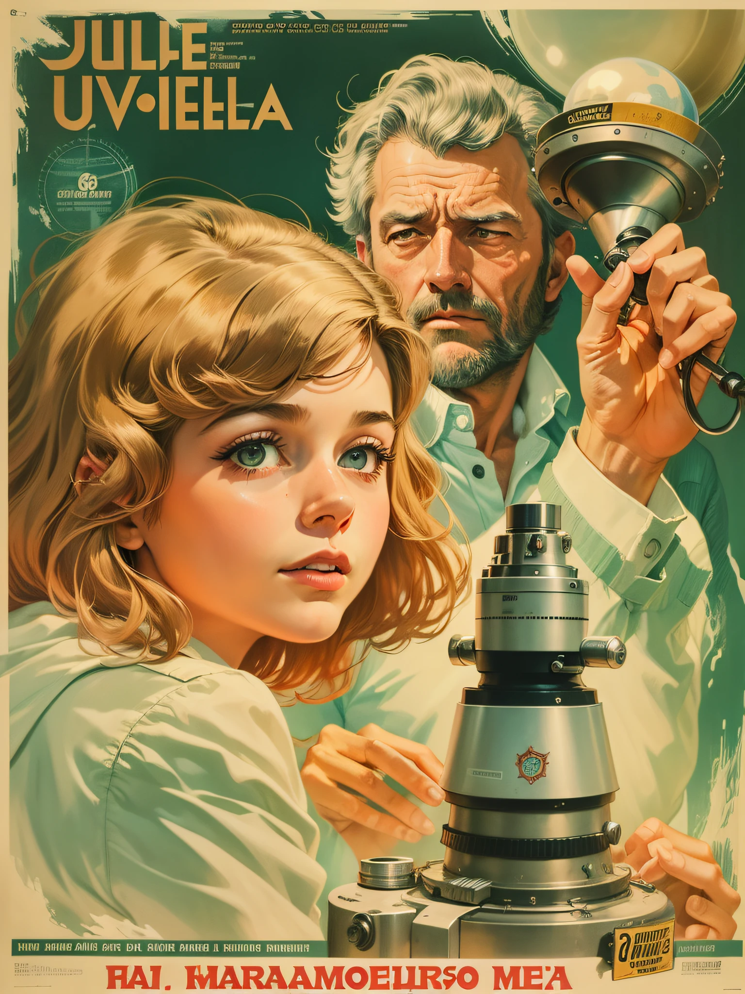 a closeup of a poster with a telescope, a poster by Antoine Ignace Melling, Tumblr, Arte Nova, poster vintage, Poster of the French film of the 60s, French movie poster of the 6 years 0, sob a lua cheia, (Quadrinhos franceses), 6 0 s French movie poster, cartaz ilustrado, poster de filme vintage, Jules Verne