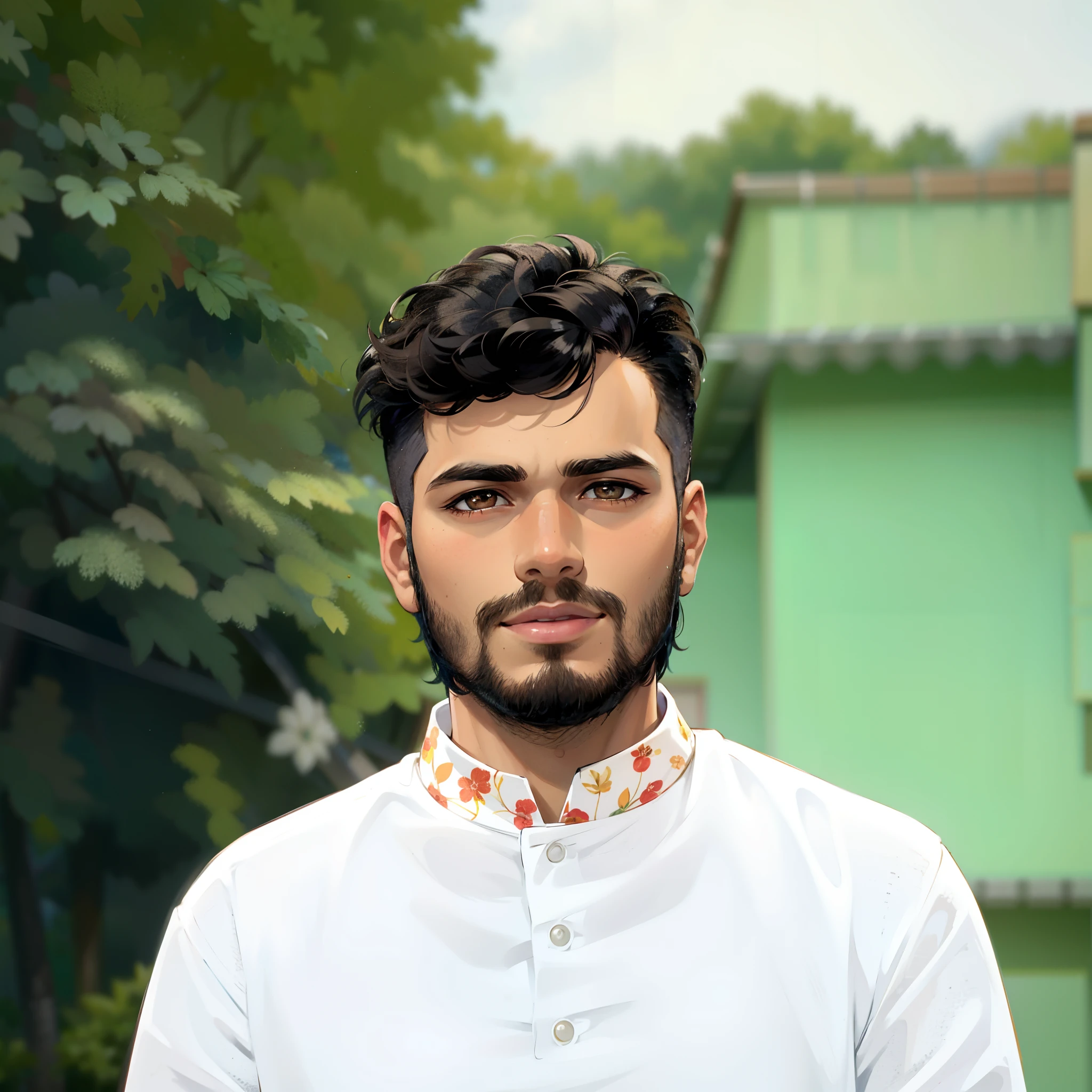 (masterpiece),(best quality:1.0), (ultra highres:1.0), detailed illustration, 8k, 1boy, anime boy, wearing punjabi, smiling, detailed face, perfect face, anime eyes, detailed eyes, dark brown eyes, detailed hair, highlights in hair, sunny, day time, highly detailed, anime style, vibrant