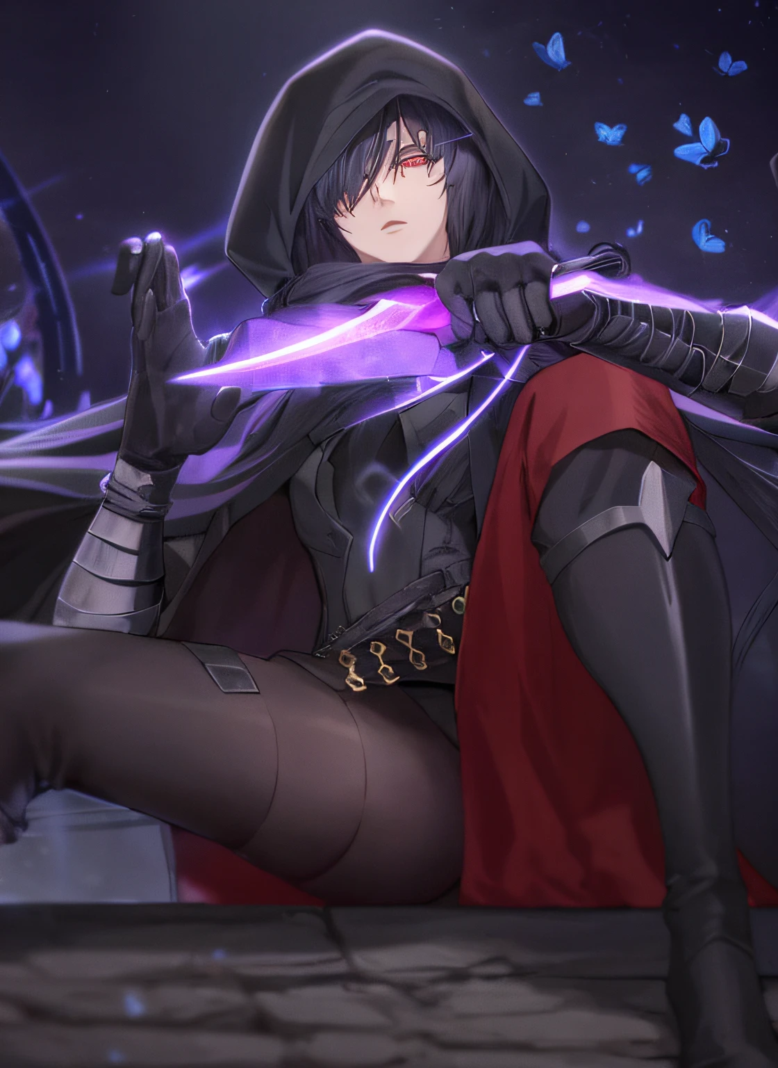 Anime character with sword in hand sitting on a ledge, Deus masculino bonito da morte, jovem mago das sombras macho, Epic anime style, badass anime 8 k, ww 1 feiticeiro sith, Senhor Sith encapuzado encapuzado, um assassino adolescente ousado, Gapmoe Yandere Grimdark, Wraith com capuz escuro, Arte Zerochan, Preto - Mago Cabelo, killy de culpa!