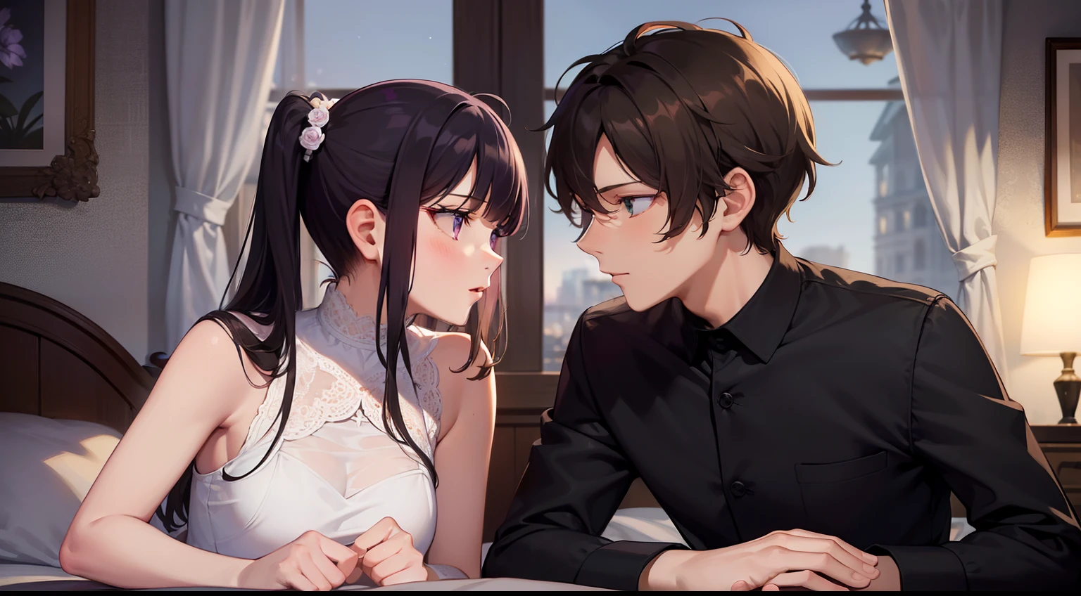 styles, masterpiece, top-quality, Special details, illustratio, Romance, a couple,tenderness, inner strength,a bed,natta, At night,The Atmosphere of Love, Blissful, Girl brown hair, Purple eyes, poneyTail, a couple, date, Profile of a man with black hair,Green eyes,