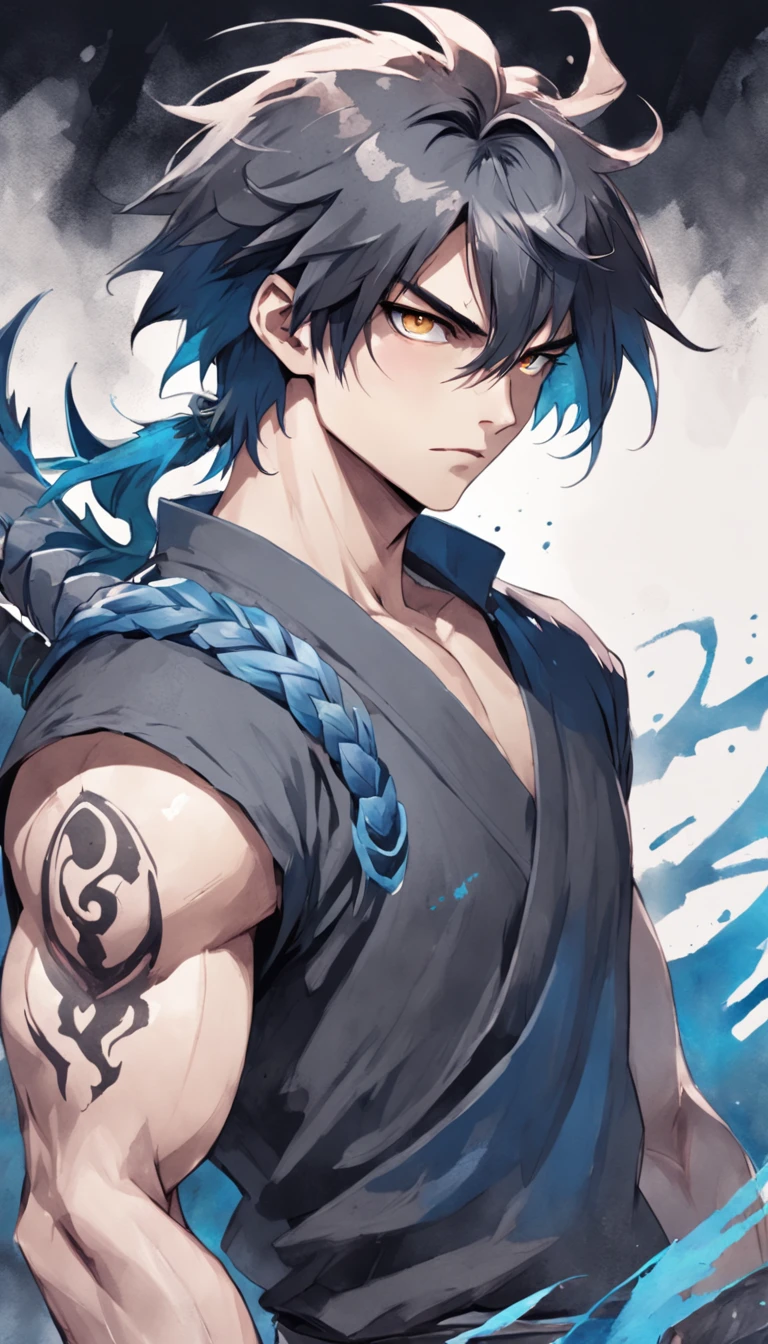 Inosuke hashibira, anime guy with blue hair and no shirt holding a sword, handsome guy in demon slayer art, gapmoe yandere, (sfw) safe for work, badass anime 8 k, handsome japanese demon boy, okata kazuto, handsome anime pose, gapmoe yandere grimdark, muscular!!, male anime character, 2 d anime style, long black pants, close up, close up face,