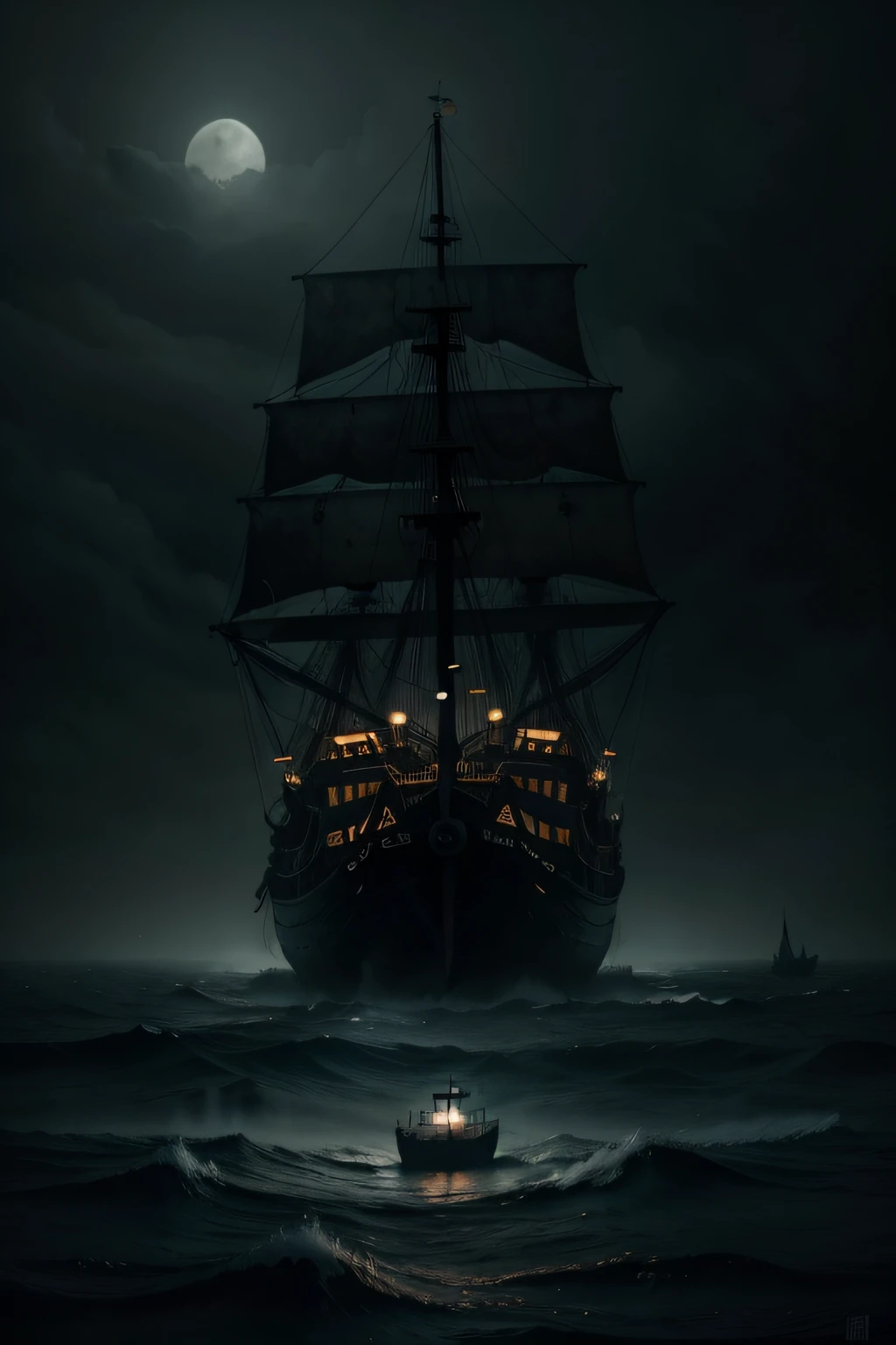 In the heart of the dense, swirling fog, the Flying Dutchman emerges like a specter, its spectral form illuminated by the faint light filtering through the mist. The ship's rotting wood and tattered sails tell the tale of centuries spent lost at sea. Surrounding the ship are jagged rocks and treacherous waters, creating a hazardous and ominous environment. The mood is one of isolation and eternal wandering, as the ship's cursed crew navigates the eternal night. The atmosphere is thick with a sense of melancholy and unease. Illustration, digital art, with a focus on capturing the intricate details of the ship's decay and the eerie glow of the fog,