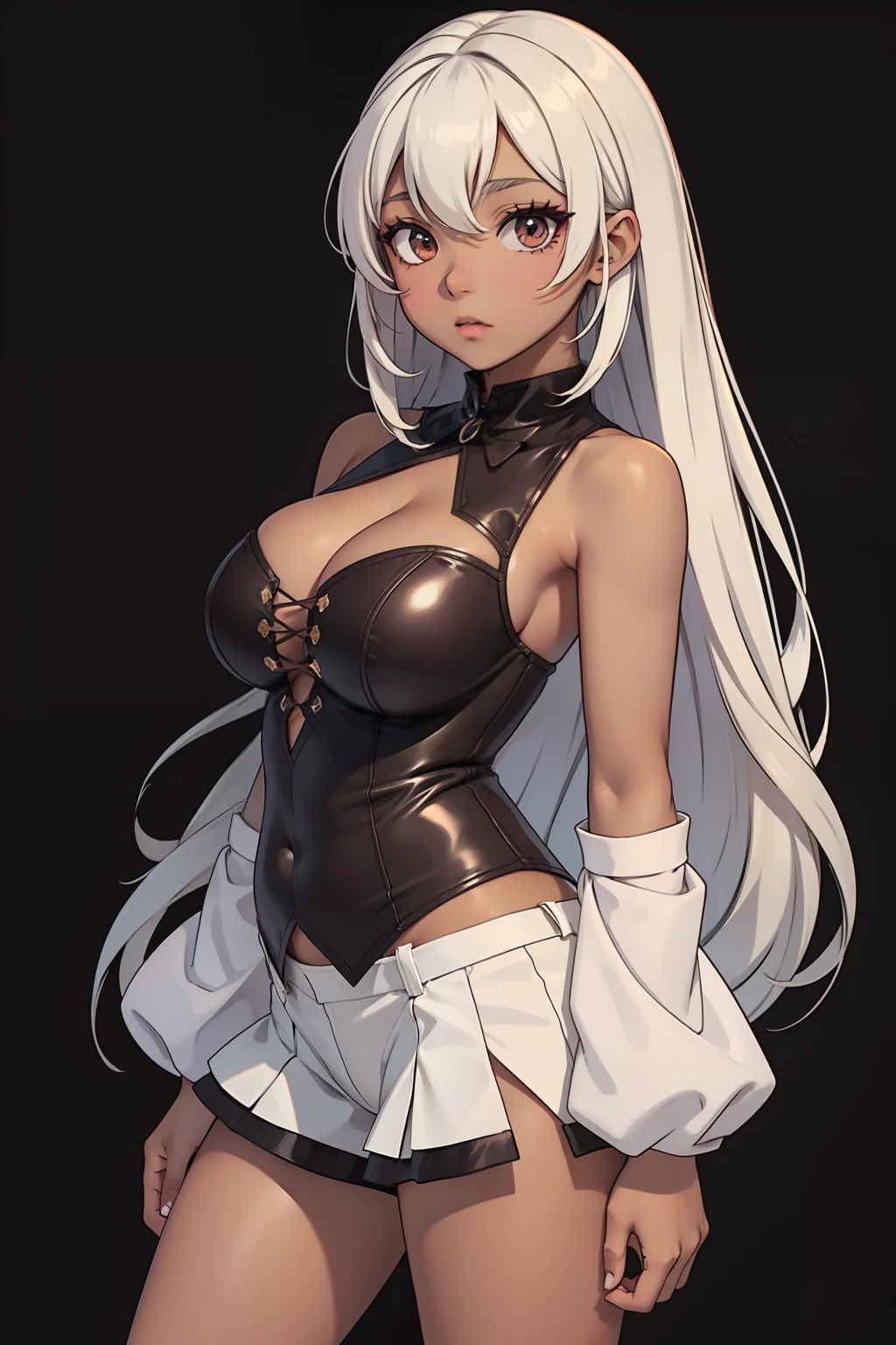 brown skin, anime girl, fully body, chubby, gothic, dark brown skin, short, revealing clothes, long white hair, brown eyes, tan skin, white background,