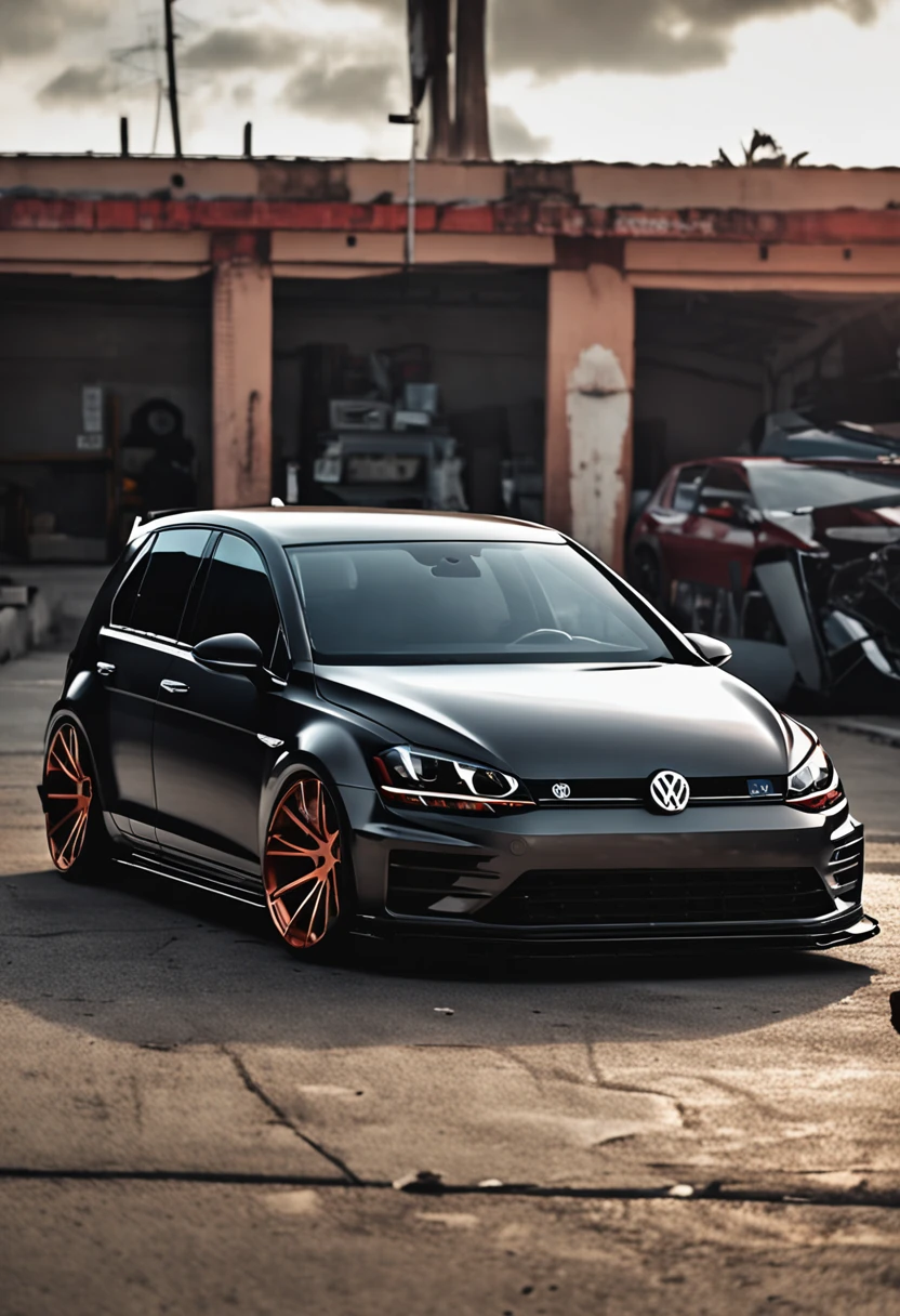 vw golf sport line 2015, tuning, rebaixado, preto, imagem realista, 4k , a noite rout66, deserto estilo madmax