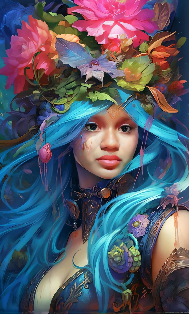 a woman with blue hair and a wreath on her head, Artgerm Julie Bell Beeple, Beeple e Jeremias Ketner, retrato bonito da arte da fantasia, arte do retrato da fantasia, Ross Tran 8 K, retrato bonito da fantasia, retrato da arte da fantasia, fantasy painterly style, wlop e ross tran, Loish e Ross Tran, arte de fantasia digital colorida