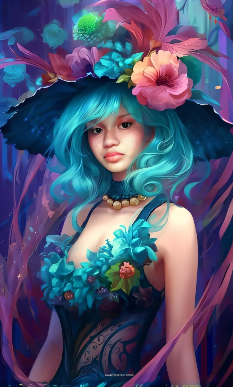 a woman with blue hair and a hat with flowers, estilo de arte de fantasia, pintura de personagem bonita, retrato bonito da arte da fantasia, lindo pintura digital, lindo arte digital, pintura digital bonita, arte de fantasia digital colorida, bela arte digital, arte de fantasia digital ), linda arte digital linda, bela arte digital, arte estilo fantasia, arte digital muito bonita, bela arte de fantasia