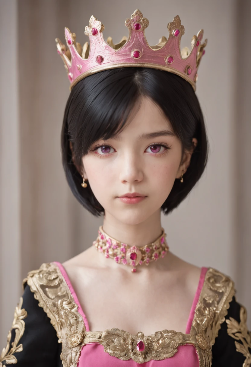 Girl Short black hair Pink eyes Pink dress Princess Royal dress Crown away from her head Boy boy 16 years oldck White hair tends to yellow Red eyes Bangs between his eyebrows Handsome boy