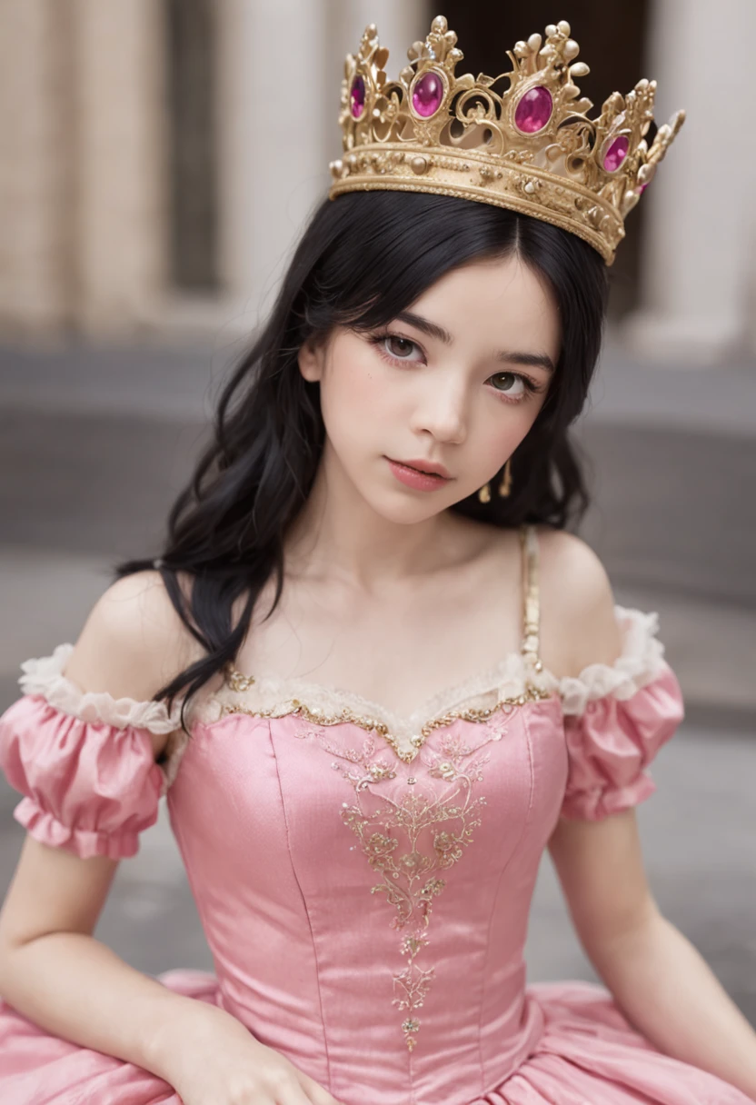 Girl Short black hair Pink eyes Pink dress Princess Royal dress Crown away from her head Boy boy 16 years oldck White hair tends to yellow Red eyes Bangs between his eyebrows Handsome boy