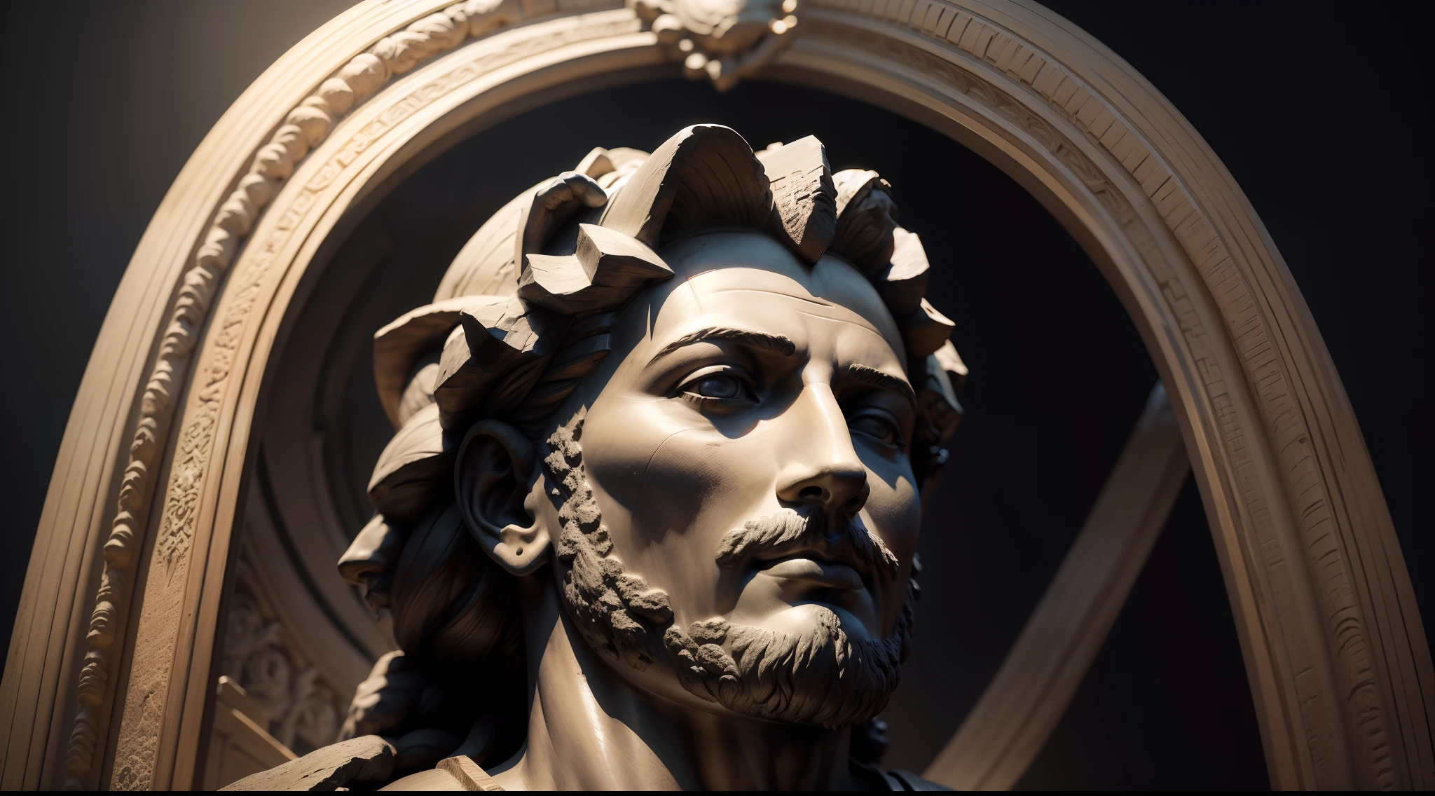 Realistic statue with all-black background of ancient philosopher,  obra-prima, melhor qualidade, Textura 8K, altamente detalhados, realista, soft  Cinematic Light, HDR, foco nítido, obra-prima, fotorrealista, fotografia premiada, Canon EOS R5, 35 mm.