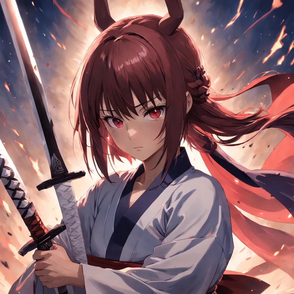 uma obra-prima de alta qualidade, pintura ultra detalhada, portraying Himura Battousai with a serious expression and a firm stance;, com sua espada pronta para ser sacada. (Stable Diffusion)