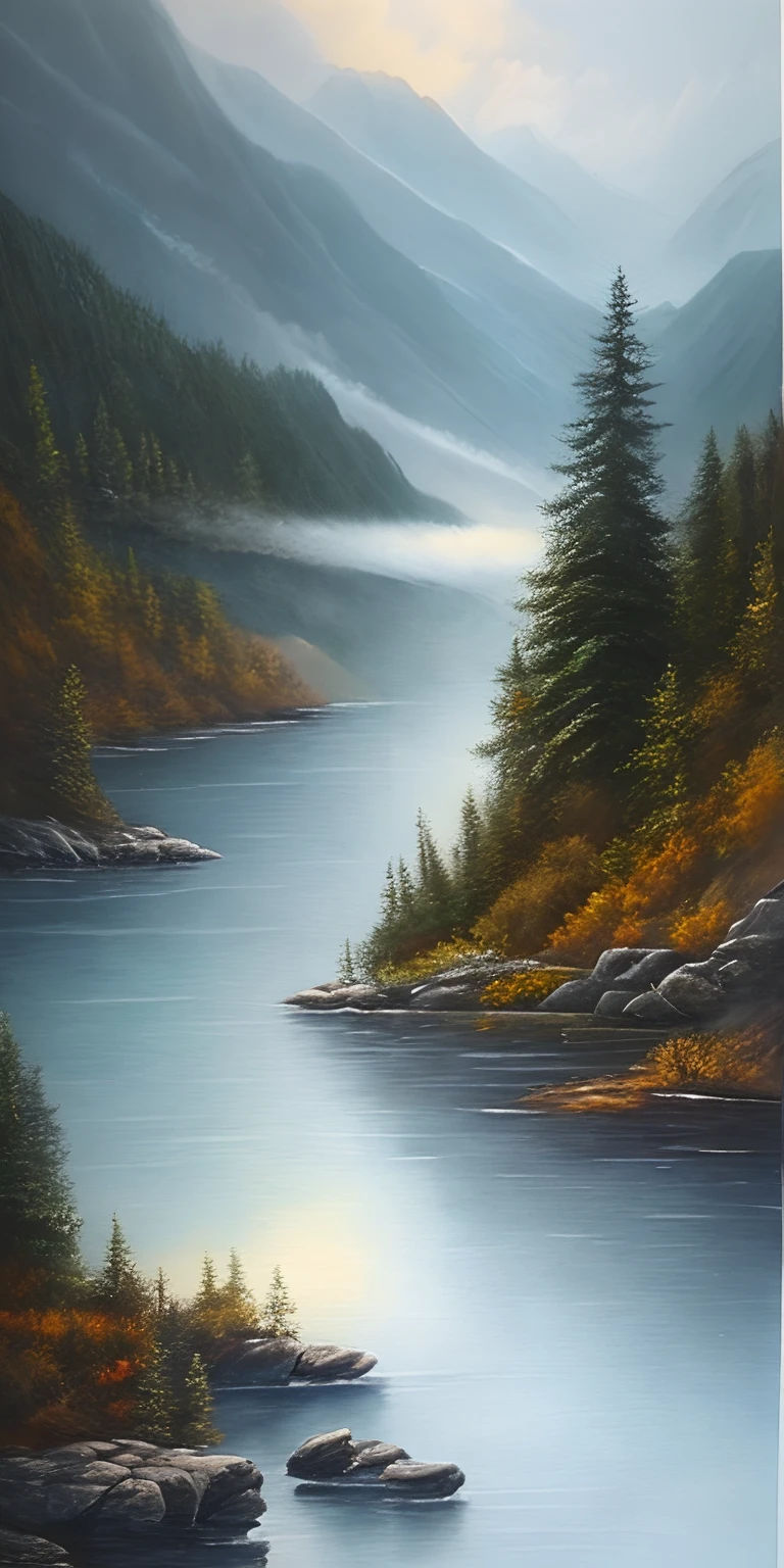 Airbrush art landscape super realistic detailed pencil watercolor hand-painted oil painting steam punk in a misty lake --ar 16:8,dripping paint
