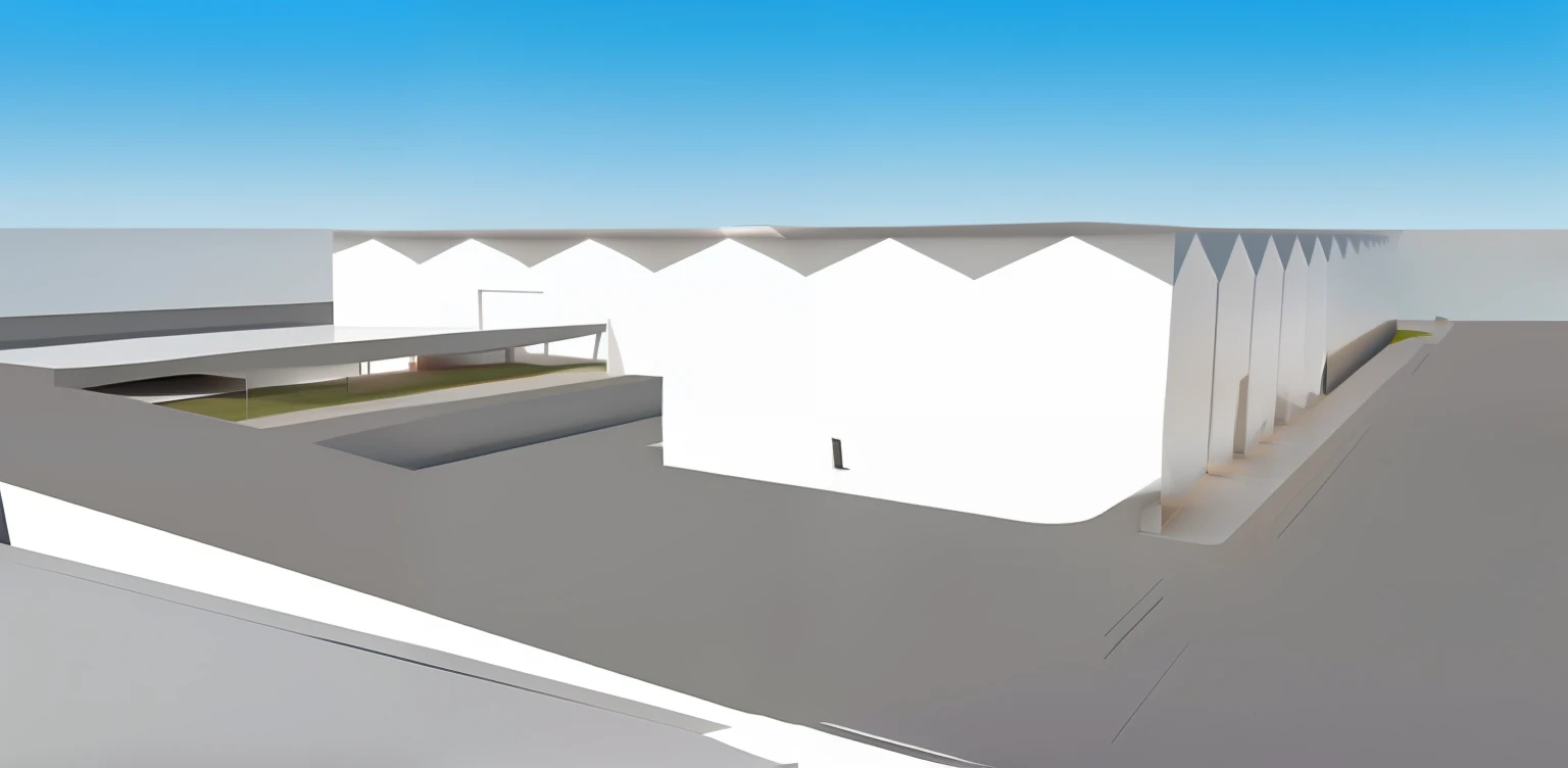 rendering of a building with sky background and a person walking on the sidewalk, no futuro telhado do aeroporto, exterior grande angular 2022, vue 3d render, vista reduzida, 3 / 4 view, 3/4 view, isometric view from behind, modelo digital, low angle dimetric rendering, isomeric view, complex 3 d render
