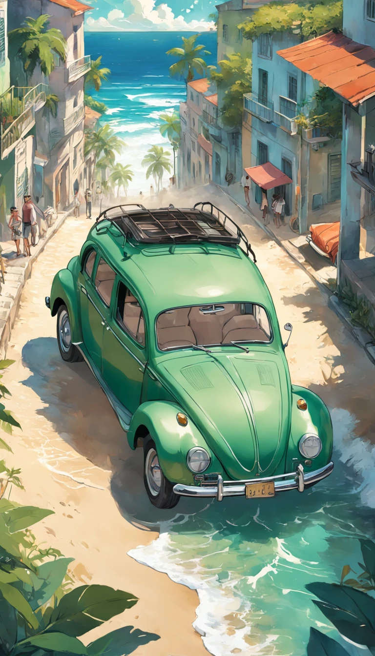 Imprima um poster antigo, Adobe Illustrator, imagem vetorial de um carro verde claro, modelo Volkswagen fusca 1950, On the edge of a beach in the Caribbean, com palmeiras, Old buildings of Havana, ::n_baixa qualidade, boneco, anime, imperfeito, Texto, assinatura.