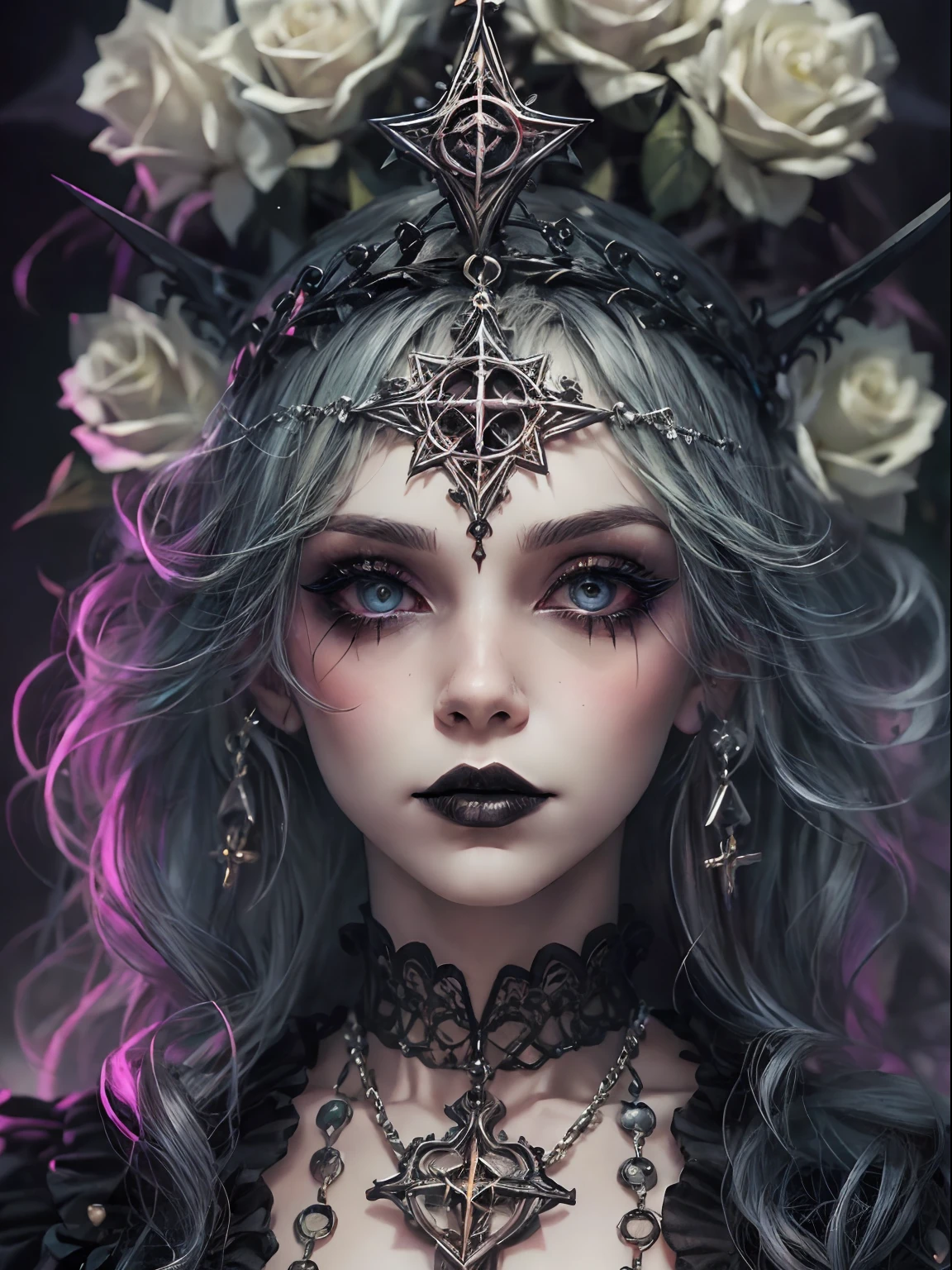 HighestQuali，tmasterpiece：1.2，Detailed details，1 Gothic girl，Black victorian dress，Gorgeous headdress，Bust，Rose flower，crosses，silver ornaments 、redheadwear、colorful rainbow hair with victorian updo hairstyle 、paleskin、Black lipstick and eye shadow，Accessories include the Cross Medal，Pentagram，crosses，cloaks，shawl，Sexy，chies，a lit candle, full body image, beautiful eyes, focus on eyes