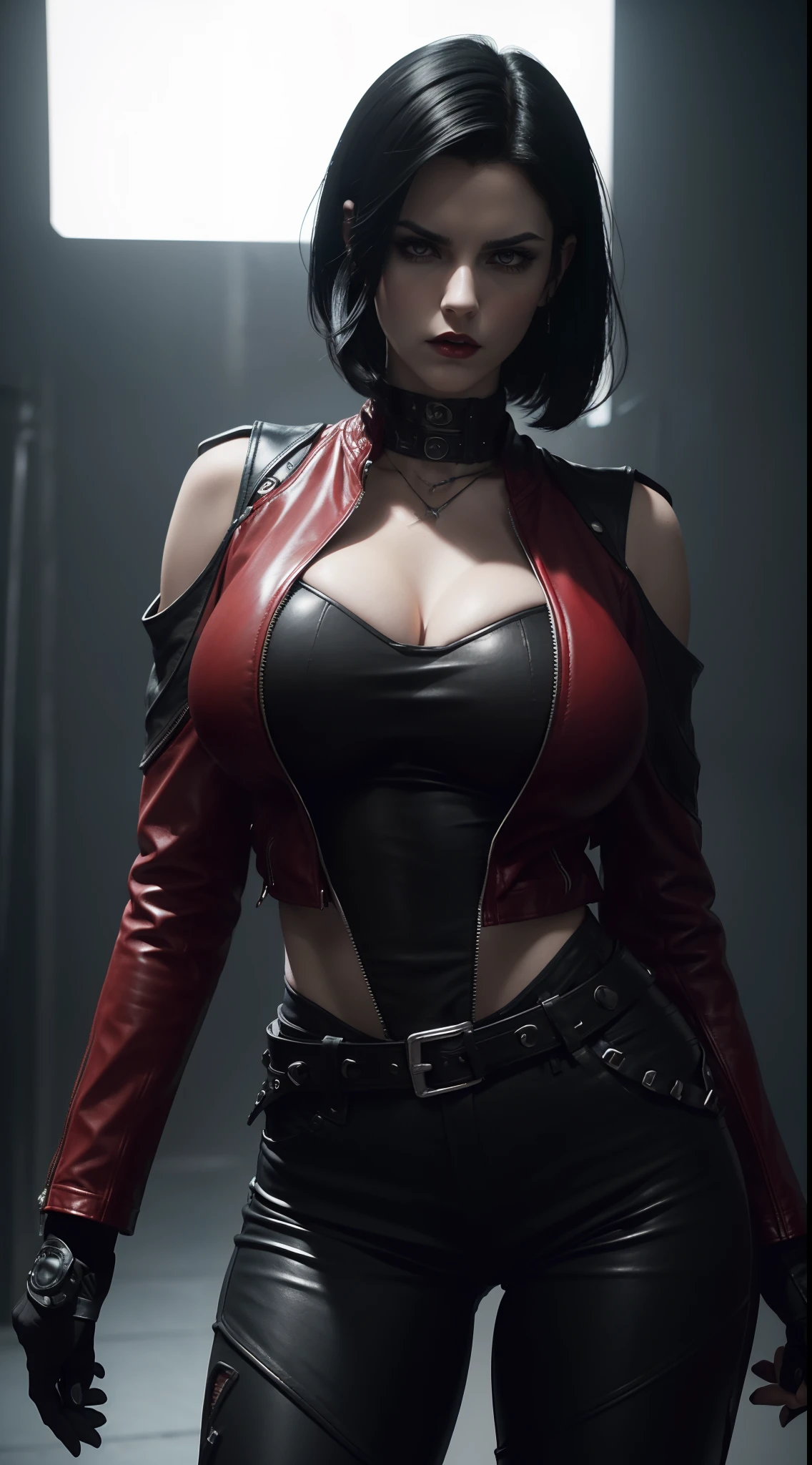 (Selene from Underworld wearing Glossy enamel red leather jacket, Glossy enamel black tanktop and Glossy enamel black pants), (bob wavy black hair), (pale skin), (serious face), (solid color background), dynamic angle shot, dynamic pose, studio lighting, photo realism, intricate face detail, intricate hand details, highly detailed, vibrant colors, cinematic, high definition, trending on Artstation--style raw, (chubby:1.4) (huge breasts:1.3), (wide hips:1.2)