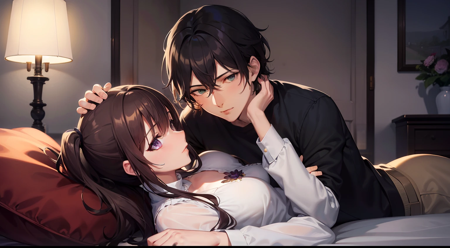 styles, ​masterpiece, top-quality, Special details, illustratio, Romance, a couple,tenderness, inner strength,a bed,natta, At night,The Atmosphere of Love, Blissful, Girl brown hair, Purple eyes, poneyTail, a couple, date, Profile of a man with black hair,Green eyes,jpn