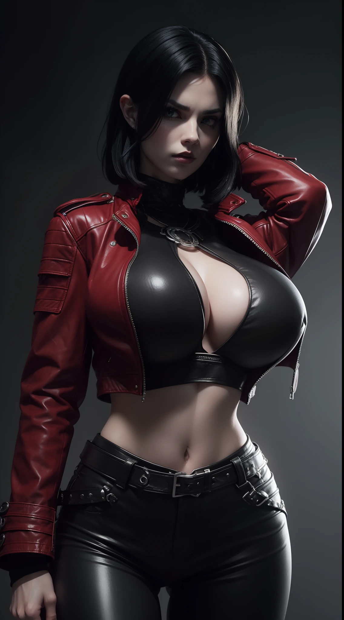 (Selene from Underworld wearing red leather jacket, black tanktop and black pants), (short wavy black hair), (pale skin), (serious face), (solid color background), (huge breasts:1.5), dynamic angle shot, dynamic pose, studio lighting, photo realism, intricate face detail, intricate hand details, highly detailed, vibrant colors, cinematic, high definition, trending on Artstation--style raw