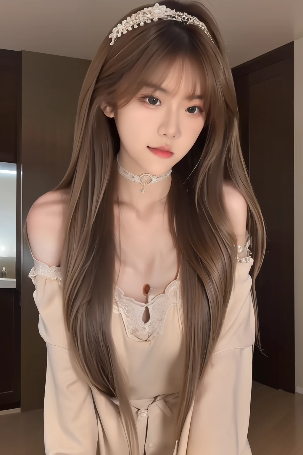 best qualtiy,ultra high quality,realistic,influencer taking a selfie , (realisticlying:1. 4),Baoyu Girl,1girll,with long curly hair,hair with bangs,light hair,Looking far away,brown eyes,medium sized breasts,maid's clothes,a sense of atmosphere,Beautiful woman with a slender figure:1.4,Abs,Ultra slim face,Elaborate eyes,double-edged eyelid,choker necklace.