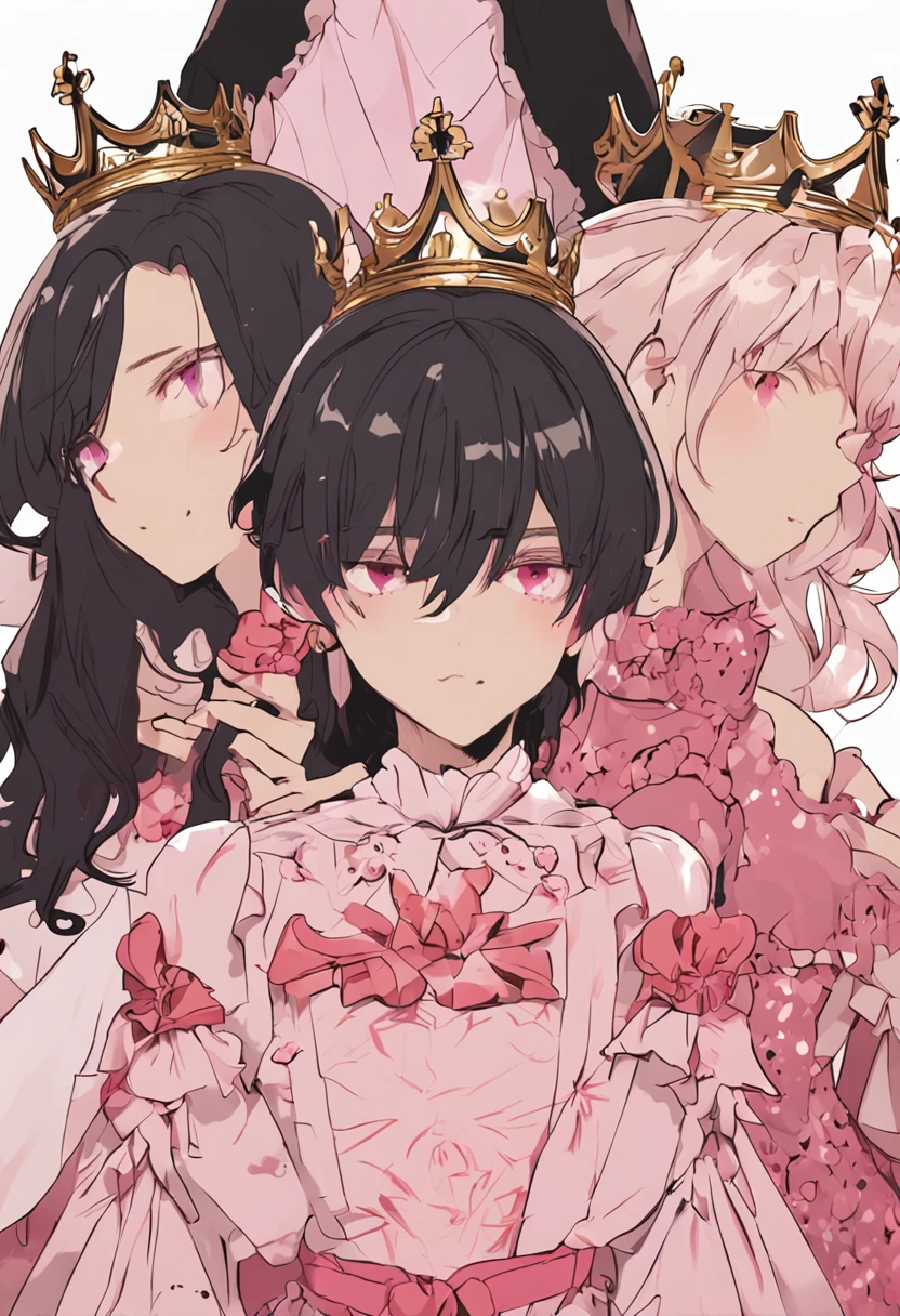 Girl Short black hair Pink eyes Pink dress 16 years old Princess Royal dress Crown away from her head Boy boy 16 years old wearing black White hair tends to yellow Red eyes Bangs between his eyebrows Handsome boy