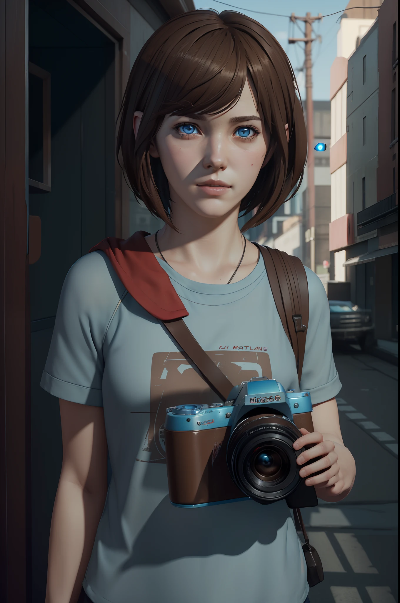 (masterpiece, ultra detailed) ((Max Caulfield)), (Life is strange game character), ((light blue eyes)), (holding a camera), ((short brown hair))