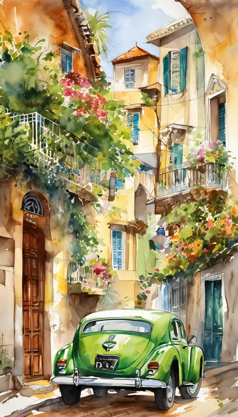 Imprima um poster antigo, Adobe Illustrator, imagem vetorial de um carro verde claro, modelo Volkswagen fusca 1950, On the edge of a beach in the Caribbean, com palmeiras, Old buildings of Havana, ::n_baixa qualidade, boneco, anime, imperfeito, Texto, assinatura.