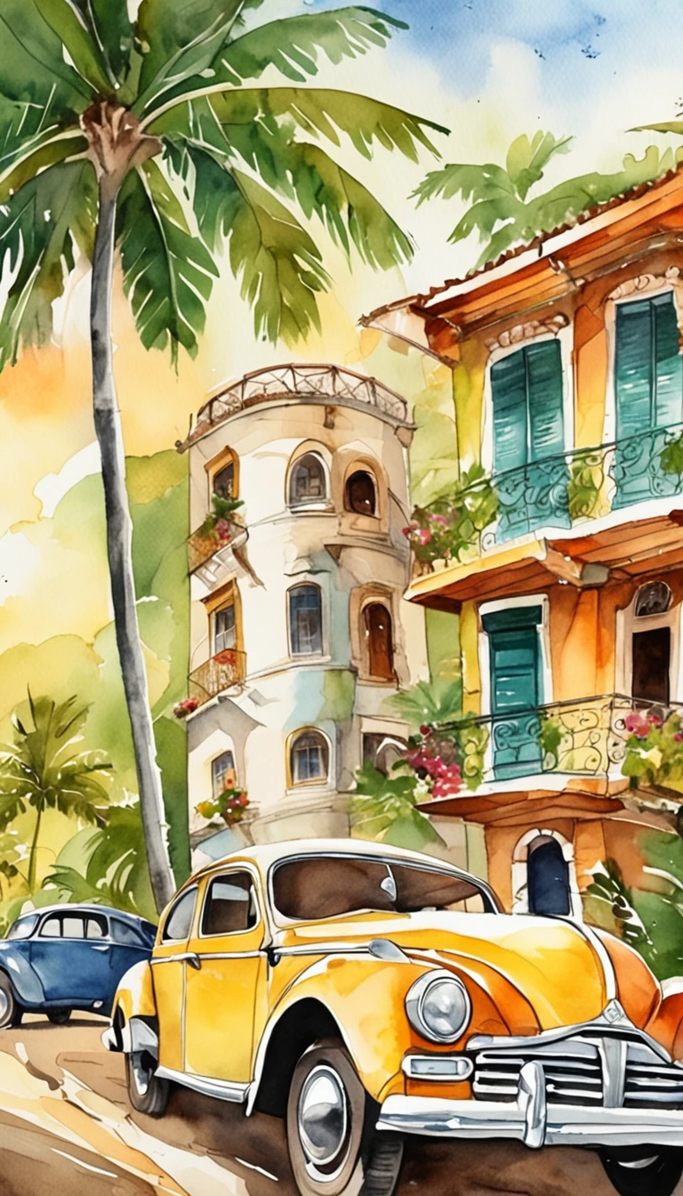 Imprima um poster antigo, Adobe Illustrator, imagem vetorial de um carro verde claro, modelo Volkswagen fusca 1950, On the edge of a beach in the Caribbean, com palmeiras, Old buildings of Havana, ::n_baixa qualidade, boneco, anime, imperfeito, Texto, assinatura.