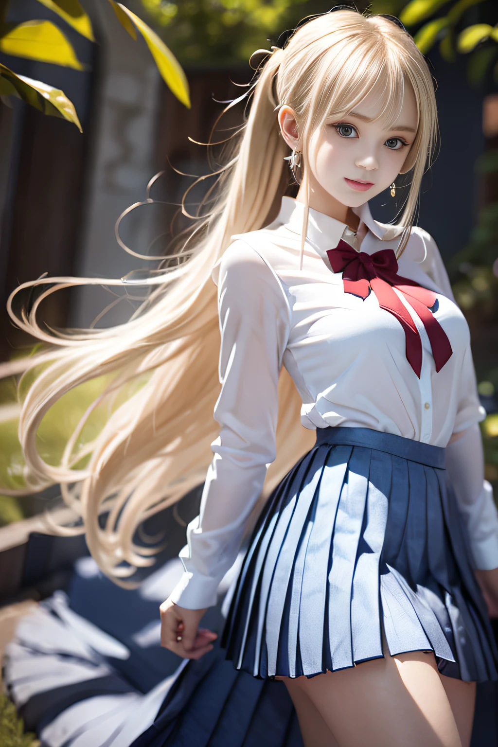 masterpiece, best quality, super detailed, beautiful detailed face, intricate details, flat color, depth of field, outline, overall view, camera away, girl, ager, anime, standing, full-length, girl visible in full height, wide stance, (legs spread wide:1.4), hands on the waist, (hands on the belt:1.3), elbows to the sides, fighting stance, (village:1), nature, (blonde:1.6), (twintails:1.5), red pleated mini skirt, red skirt, white shirt, white shirt, unbuttoned top buttons, unbuttoned shirt, white blouse, (without bra:1.1), plunging neckline, black tights, detailed leather texture, detailed fabric texture, huge breasts, (blue eyes:1,1), (ruddy:1), dissatisfied, angry, furious, (frowned:1.5)