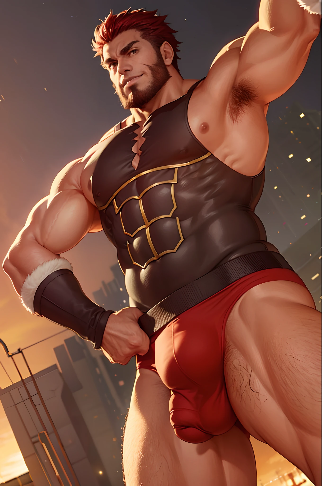 （tmasterpiece，best qualtiy：1.2），独奏，malefocus，1boy，Iskandar，Mature male，big muscular male，dark-brown skin，Large muscles，massive pec，Thick armpit hair is revealed under the armpits，((Crotch bulge))，looking at viewert，both hands on hip，Shirtless，Red thong，Thick thighs，Wide buttocks，streets background，Red body hair，