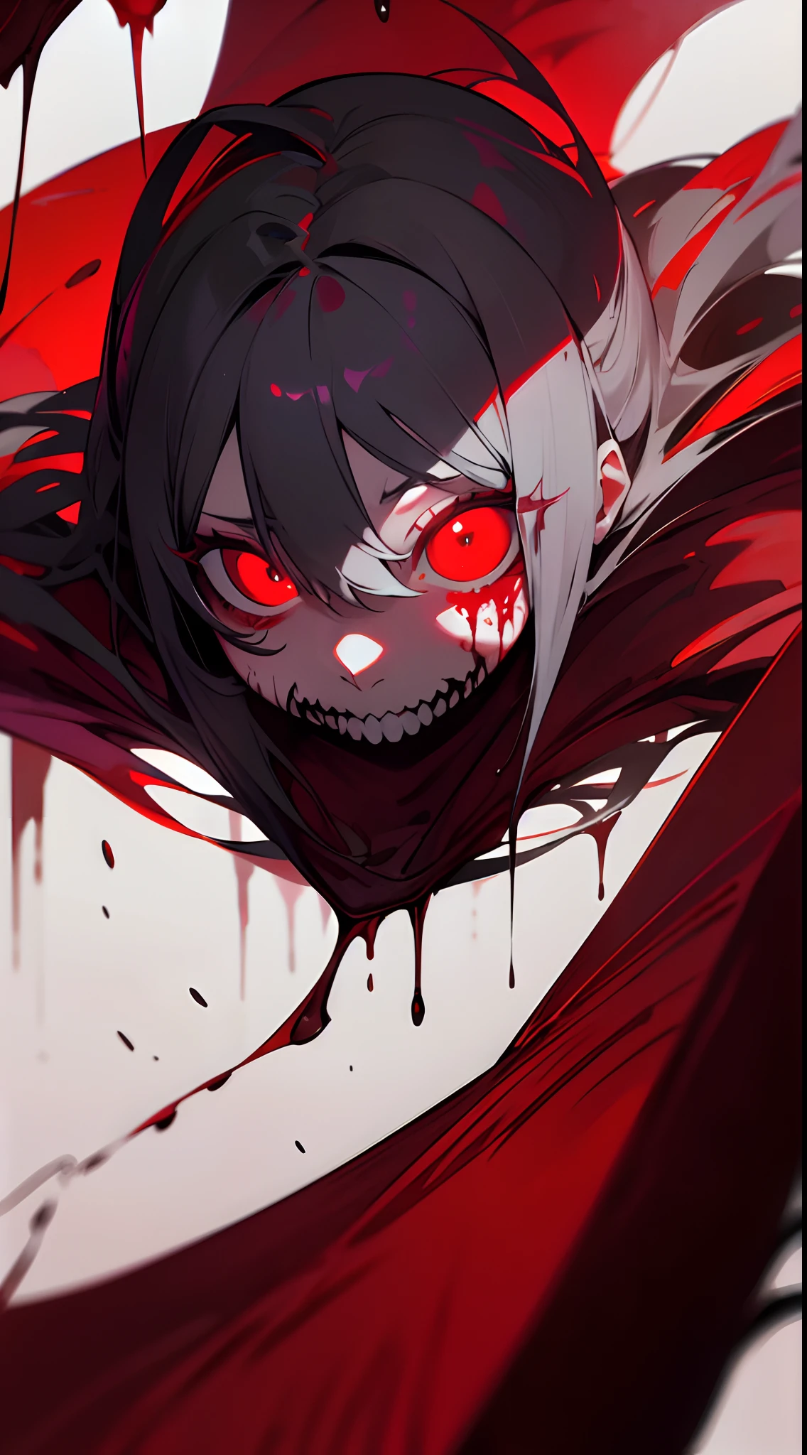 red eyes, (((go mad eyes))), muelsyse, insanevoid, glowing eyes, horror \(theme\), ((detail city background)), blood, blood drop, (((masterpiece))), floating,