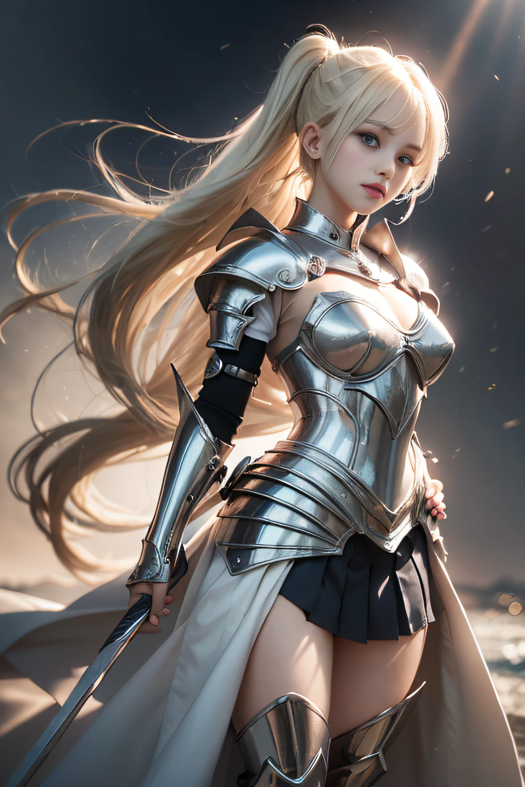bright expression、poneyTail、Young shiny shiny white shiny skin、Best Looks、Blonde reflected light、Platinum blonde hair with dazzling highlights、shiny light hair,、Super long silky straight hair、Beautiful bangs that shine、Glowing crystal clear attractive big blue eyes、Very beautiful nice cute girl、Lush bust,Beautiful detailed eyes, beautiful detailed nose,(( Full body:1.25)),Makeup that the eyes emphasize、((Pleated skirt with many folds)),(Women like Joan of Arc)、s Armor、Knights, With a sword and shield,Royal style,Comic style, , Sub-surface scattering, ornate detail, nature backdrop, Hyper-realistic, ((Cinematic)), Dramatic Lighting, masutepiece