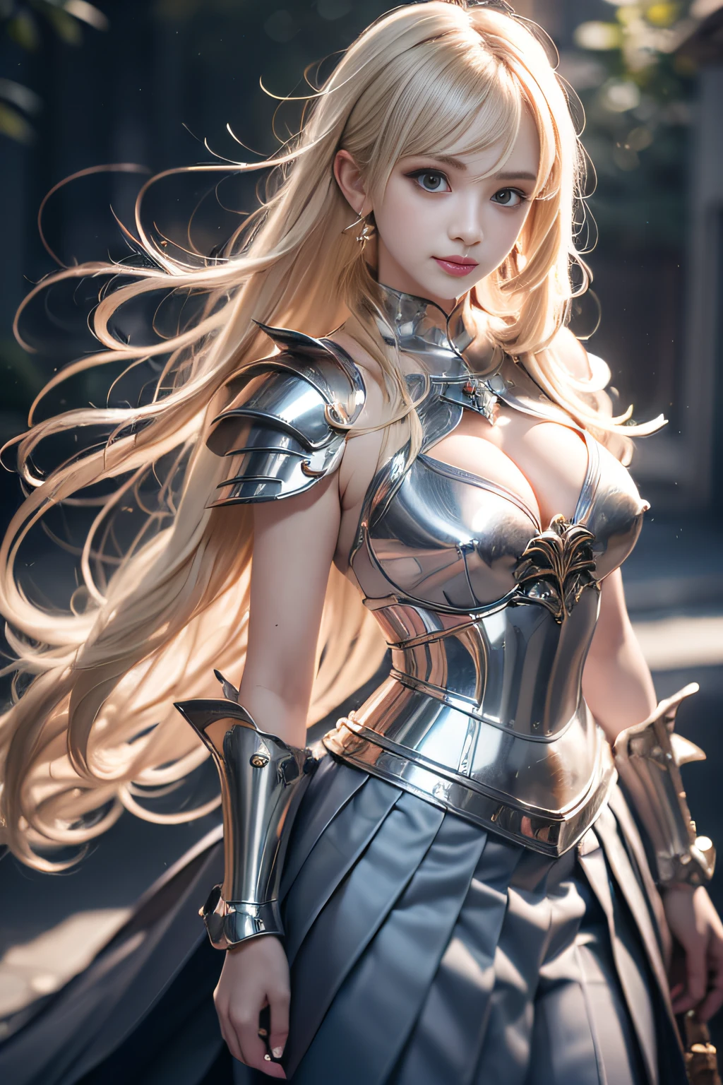 bright expression、poneyTail、Young shiny shiny white shiny skin、Best Looks、Blonde reflected light、Platinum blonde hair with dazzling highlights、shiny light hair,、Super long silky straight hair、Beautiful bangs that shine、Glowing crystal clear attractive big blue eyes、Very beautiful nice cute girl、Lush bust,Beautiful detailed eyes, beautiful detailed nose,(( Full body:1.25)),Makeup that the eyes emphasize、((Pleated skirt with many folds)),(Women like Joan of Arc)、s Armor、Knights, With a sword and shield,Royal style,Comic style, , Sub-surface scattering, ornate detail, nature backdrop, Hyper-realistic, ((Cinematic)), Dramatic Lighting, masutepiece