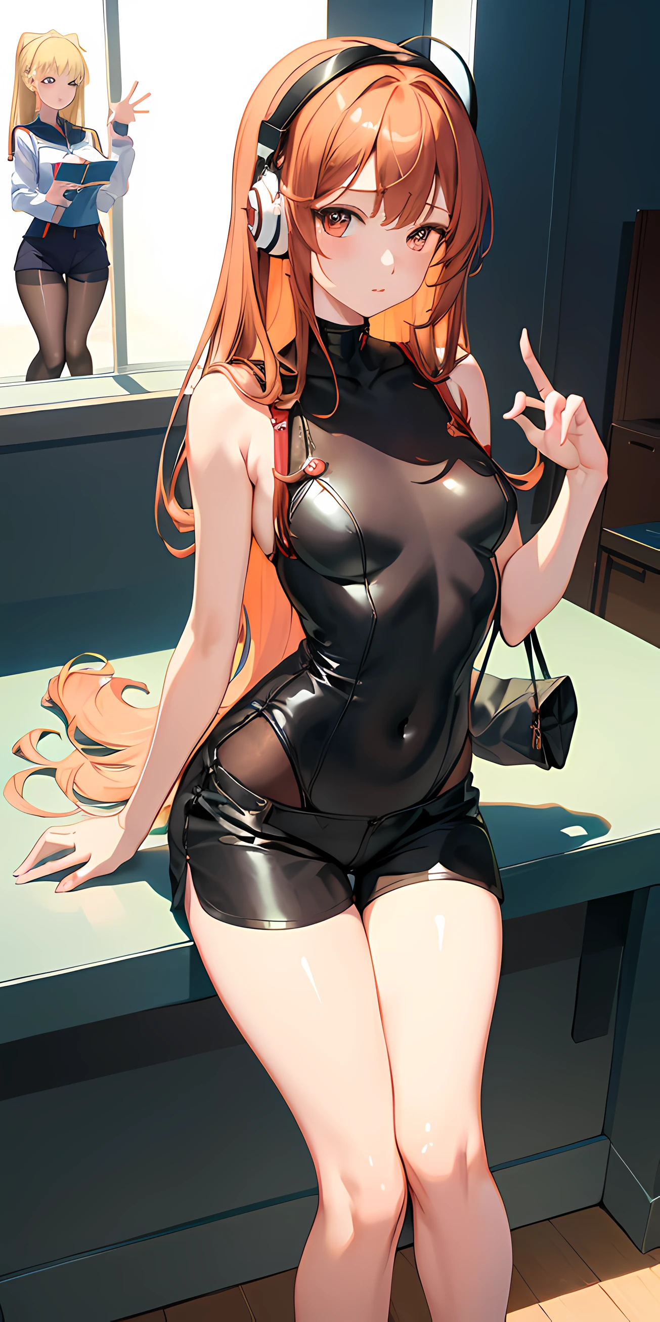 Animated image of two women in classroom holding mirror, anime moe art style, oppai, Fubuki, highly_Detailed!!, small curvy loli, two beautiful anime girls, ((medium breasts⁩, small head)), Sunlight, (Perfect body : 1.1), reddish brown hair, chain, wearing black tanktop, ((Shorts)), (masutepiece), (超A high resolution:1.0), Perfect Lightning, Ultra-detailed, Sit at the table with your legs open, The fingers of his right hand are stroking his panties, Papillary process, Girls' Secondary School Teacher, Translucent black lace bra, Translucent black lace stockings, Slightly fatty, Chinese, Win, Raised sexy, Mature charm, translucent clothes, (Overhead view), ultra-detailed, illustration, close-up, straight on, 1girl, ((souryuu asuka langley, interface headset, red bodysuit:1.4, blonde)), Her eyes shone like dreamy stars, (glowing eyes:1.233), (beautiful and detailed eyes:1.1), (expressionless, closed mouth), (standing), (mechanic room with toolsand spaceship windowin a white SPACESHIP), (night:1.2), dreamy, [[delicate fingers and hands:0.55]::0.85], (detail fingers),