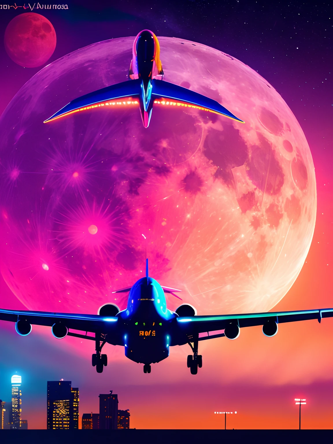 Airplane passing in front of a large full moon, com reflexos azulados, master part, best quality, Passenger aircraft, 1aviao, noite, starly sky, altamente detalhado,  (Cyberpunk), Futuristic, Neon light, Urbano, dystopic((noite))