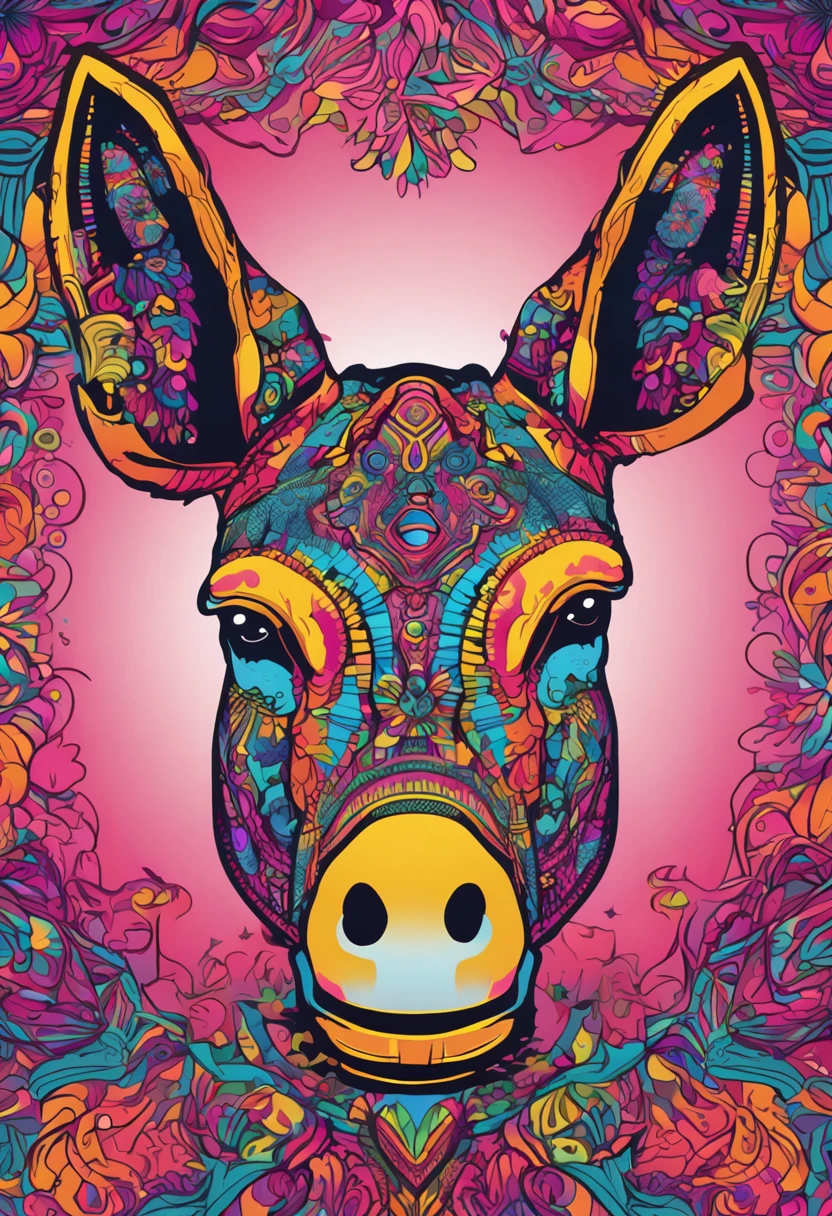 illustration of donkey head with psychedelic neons and psychedelic mandalas