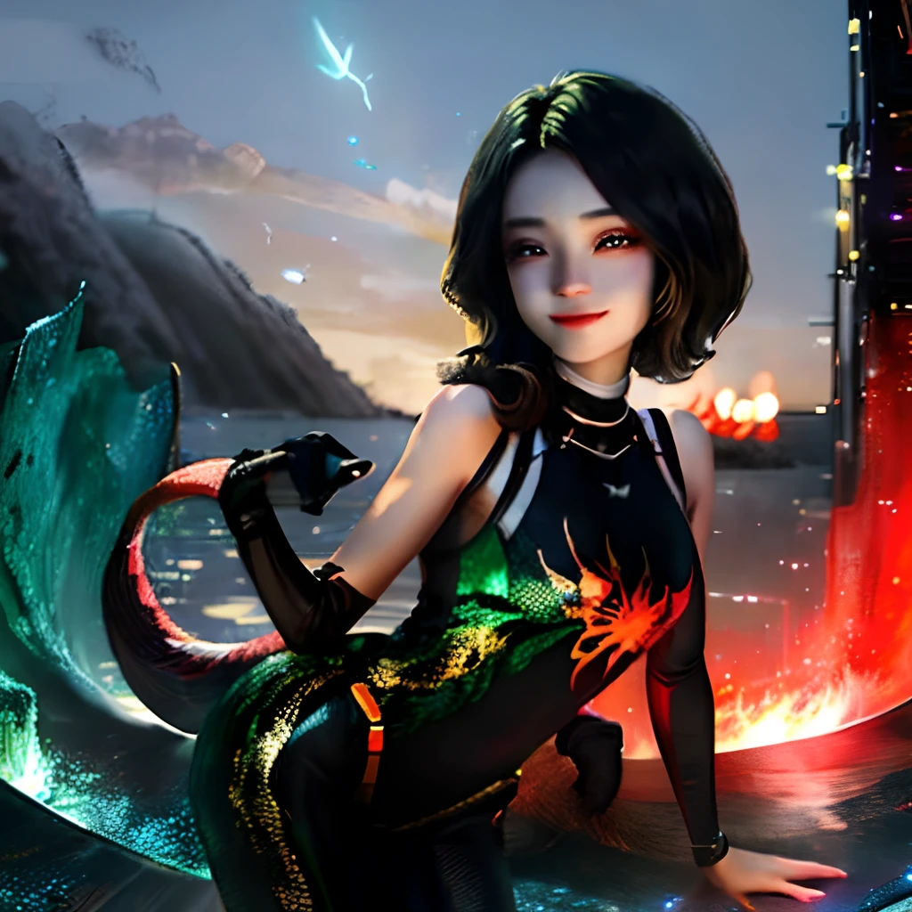 A long black hair，red color eyes，Smile back，One-piece tights，Scorpion tail，Sister Gao Leng