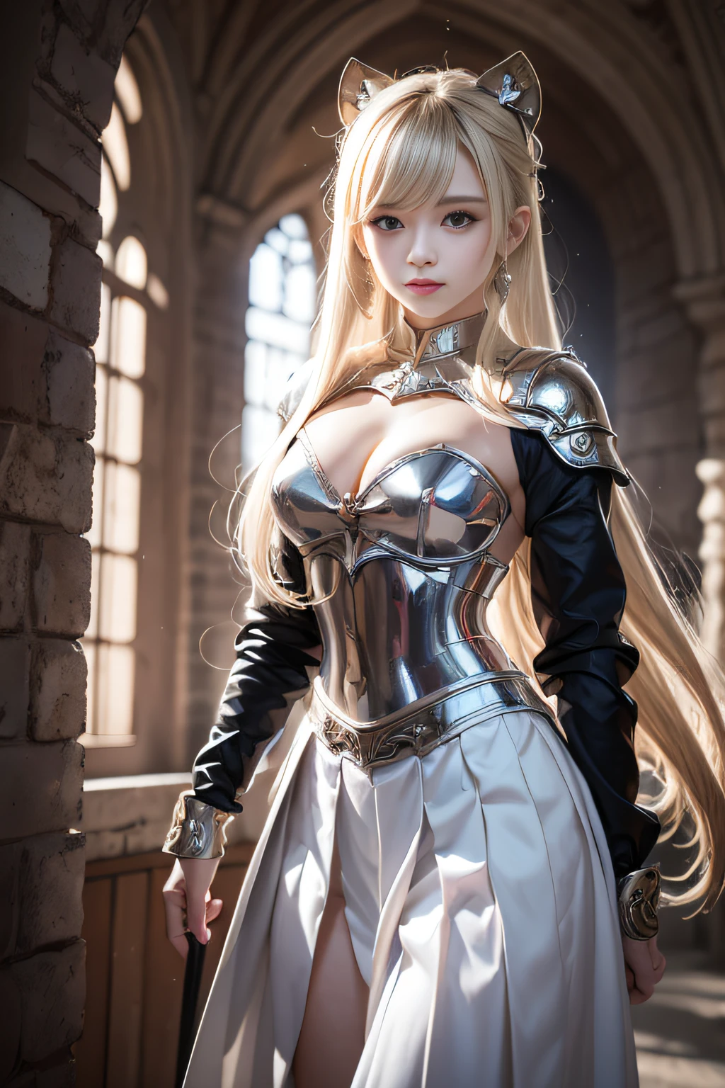 bright expression、poneyTail、Young shiny shiny white shiny skin、Best Looks、Blonde reflected light、Platinum blonde hair with dazzling highlights、shiny light hair,、Super long silky straight hair、Beautiful bangs that shine、Glowing crystal clear attractive big blue eyes、Very beautiful nice cute girl、Lush bust,Beautiful detailed eyes, beautiful detailed nose,(( Full body:1.25)),Makeup that the eyes emphasize、((Pleated skirt with many folds)),(Women like Joan of Arc)、s Armor、Knights, With a sword and shield,Royal style,Comic style, , Sub-surface scattering, ornate detail, nature backdrop, Hyper-realistic, ((Cinematic)), Dramatic Lighting, masutepiece