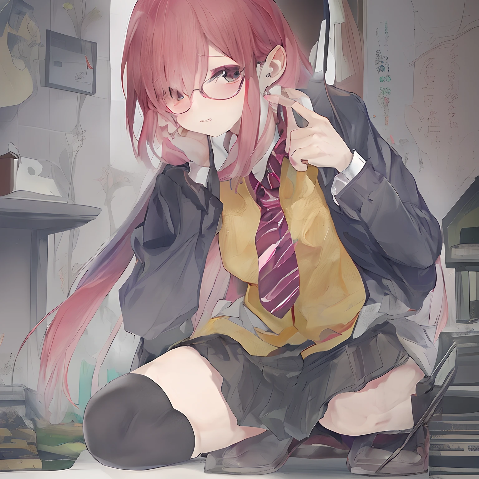 being thin slim figure eye glass Red cheeks Pink knees the whole body has a ruddy color Black High Socks Black leather shoes A slim figure eye glass Red cheeks Pink knees the whole body has a ruddy color Black High Socks Black leather shoes Do not write contour lines in black Outline is color々Draw using colors