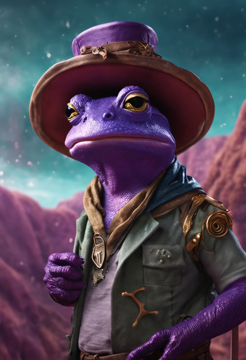 "(muitos detalhes, qualidade de obra-prima), Realistic tattoo illustration, A frog wearing purple wizard clothes and holding a magic wand"