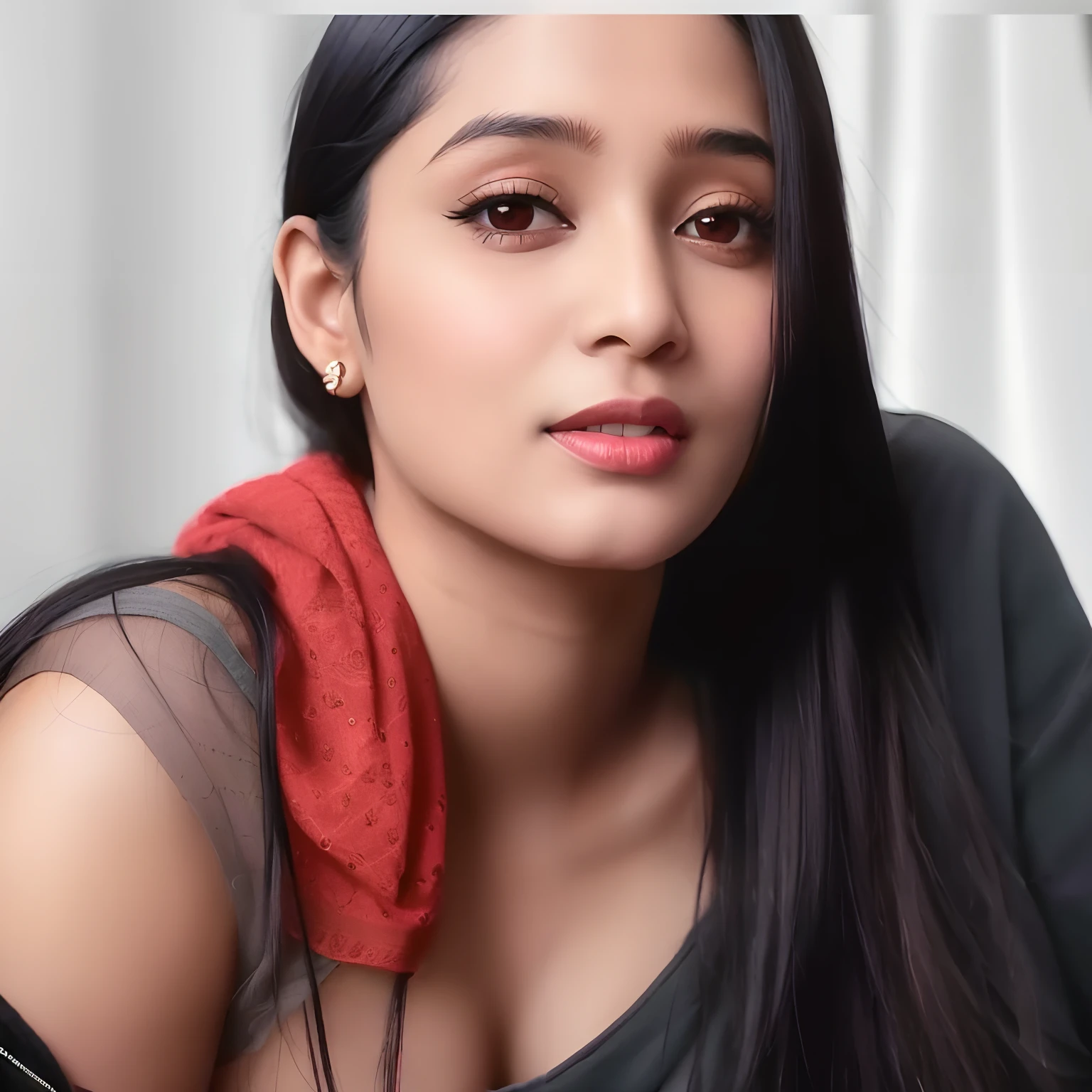 there is a woman with long black hair and a red scarf, indian, inspired by T. K. Padmini, indian girl with brown skin, desi, with lovely look, 30 years old woman, 3 0 years old woman, woman model, tiktok video, sexy girl with dark complexion, webcam footage, with accurate face, photo of a woman