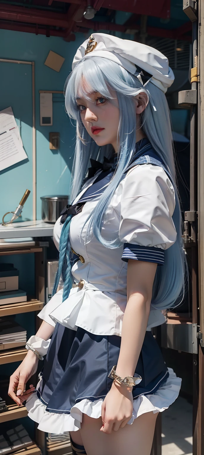 Close-up of a man with long blue hair in a sailor's costume, an anime drawing inspired by Rei Kamoi, trending on pixiv, tachisme, Anime girl cosplay, Anime girl in real life, long white hair, Perfect white haired girl, She has a cute face, anime-inspired, She has milky white skin!!!, as an anime character,Super big breasts,exposed