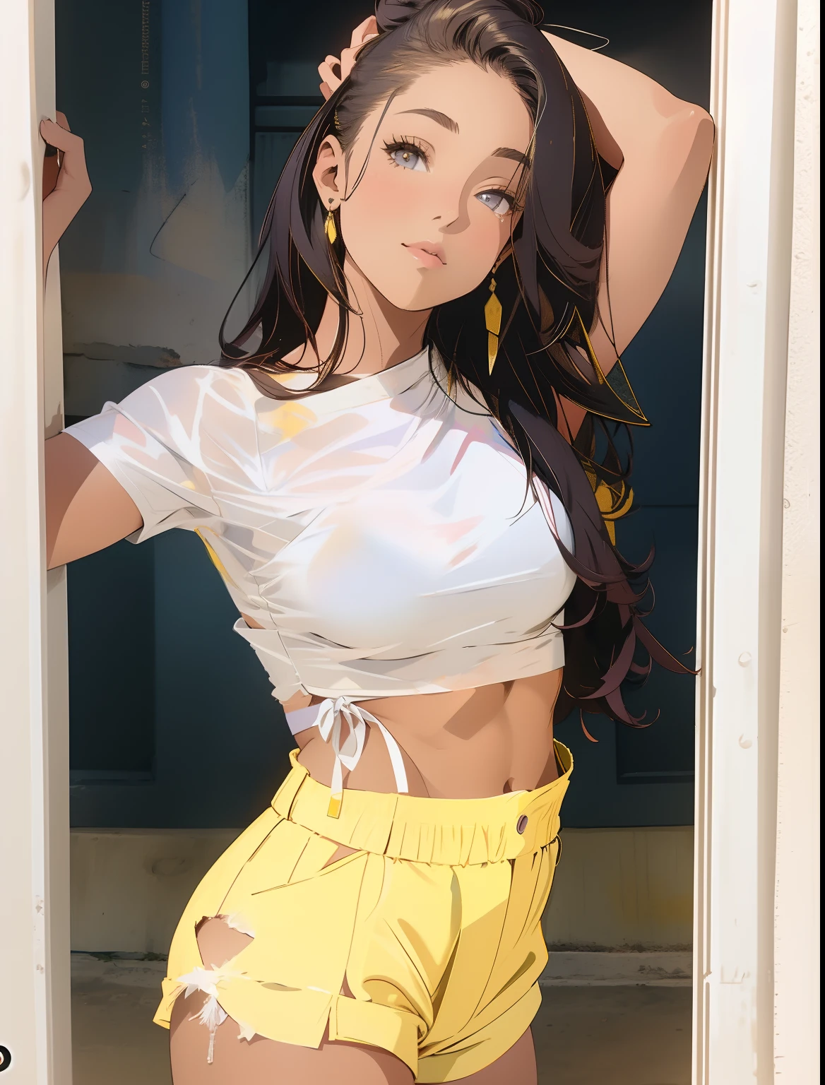 arafed woman in yellow shorts and a white top posing for a picture, wearing yellow croptop, 2 4 year old female model, ripped clothing, ripped clothes holding whip, inspired by Lucia Peka, wearing a sexy cropped top, crop shirt and strong abs, violet myers, with yellow cloths, kailee mandel, marischa becker