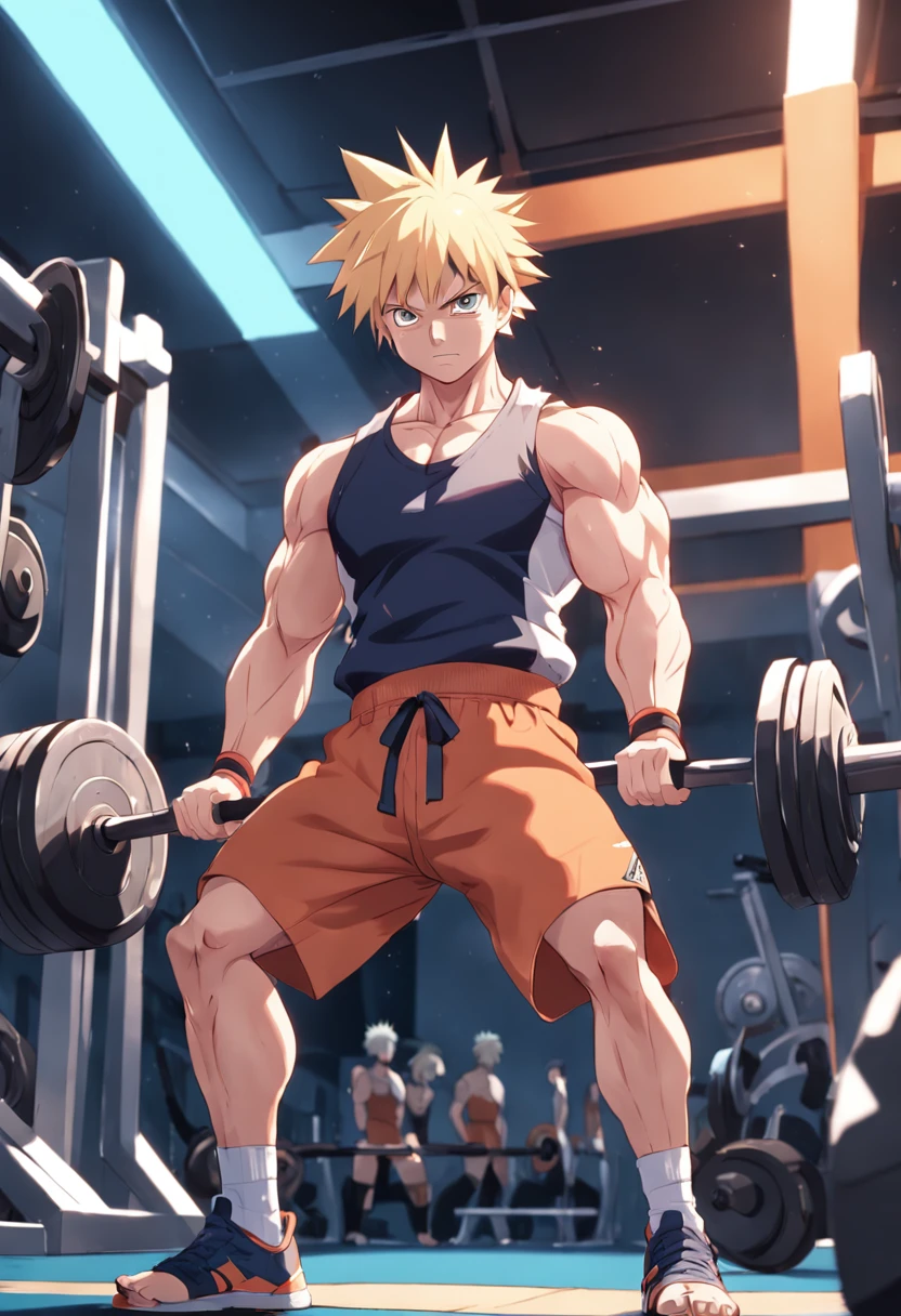 Saitama is standing in a gym with a rack, badass anime 8 k, musculoso!!, super buff e cool, Pose, mas forte, musculoso!! scientific fiction, musculoso!, musculoso!!!, Nice anime pose, musculoso! Cyberpunk, conceito de anime hdr anime macmanus, muscular character, One Punch Man, renderizado em sfm