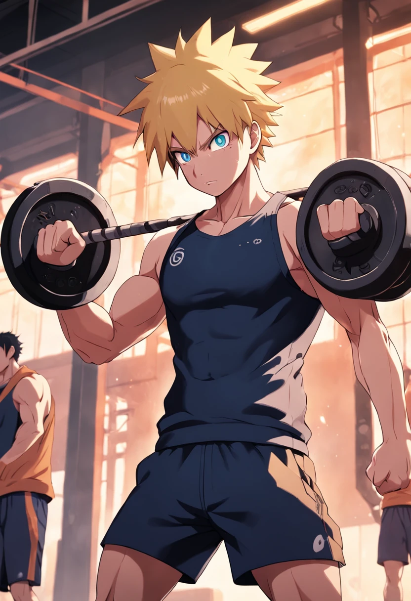 a detailed illustration of Naruto in gym clothes training intensely in a bodybuilding gym, corpo inteiro