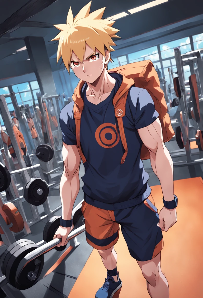 a detailed illustration of Naruto in gym clothes training intensely in a bodybuilding gym, corpo inteiro