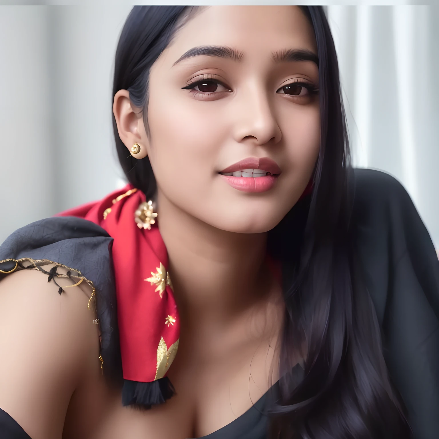 there is a woman with long black hair and a red scarf, indian, inspired by T. K. Padmini, indian girl with brown skin, desi, with lovely look, 30 years old woman, 3 0 years old woman, woman model, tiktok video, sexy girl with dark complexion, webcam footage, with accurate face, photo of a woman
