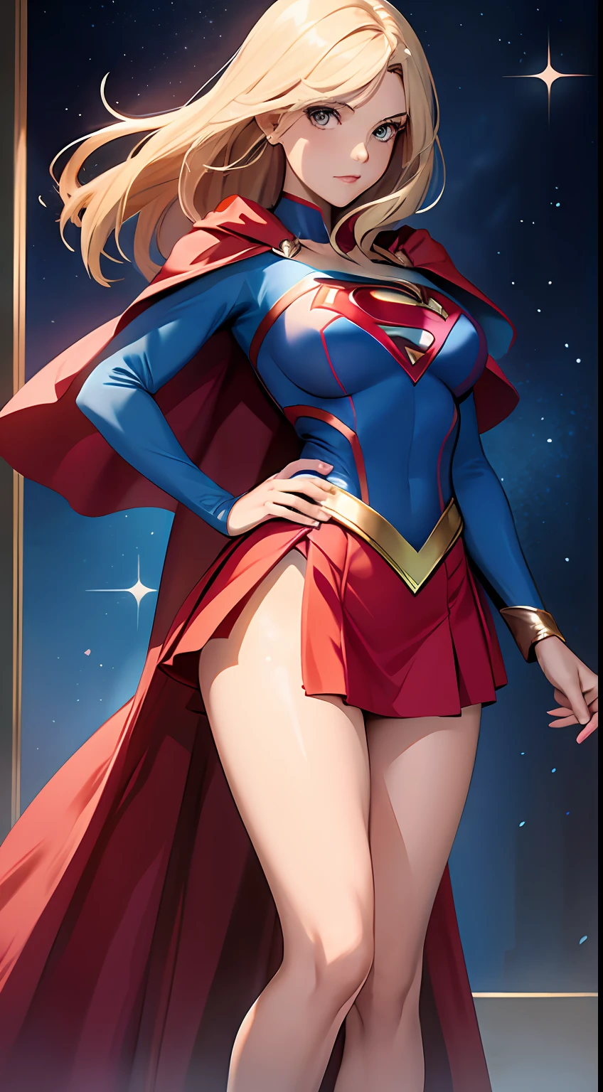 Supergirl in action pose, perfect costume, upturned buttock, beautiful legs, traditional hairstyle, blond hair,  light greenish eyes. Planets in background 