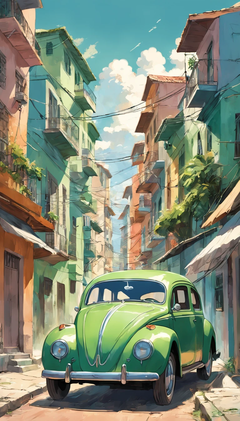Imprima um poster antigo, Adobe Illustrator, imagem vetorial de um carro verde claro, modelo Volkswagen fusca 1950, car in proportion to the area , carro no centro da imagem sem cortes, em frente a uma praia no Caribe, com palmeiras, Old buildings of Havana, ::n_baixa qualidade, boneco, anime, imperfeito, Texto, assinatura.
