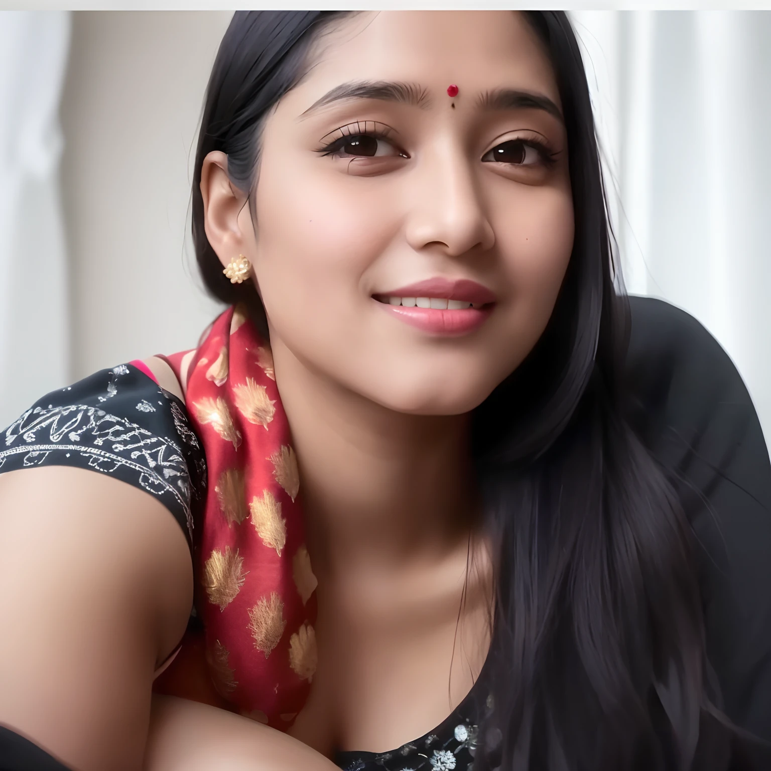 there is a woman with long black hair and a red scarf, indian, inspired by T. K. Padmini, indian girl with brown skin, desi, with lovely look, 30 years old woman, 3 0 years old woman, woman model, tiktok video, sexy girl with dark complexion, webcam footage, with accurate face, photo of a woman