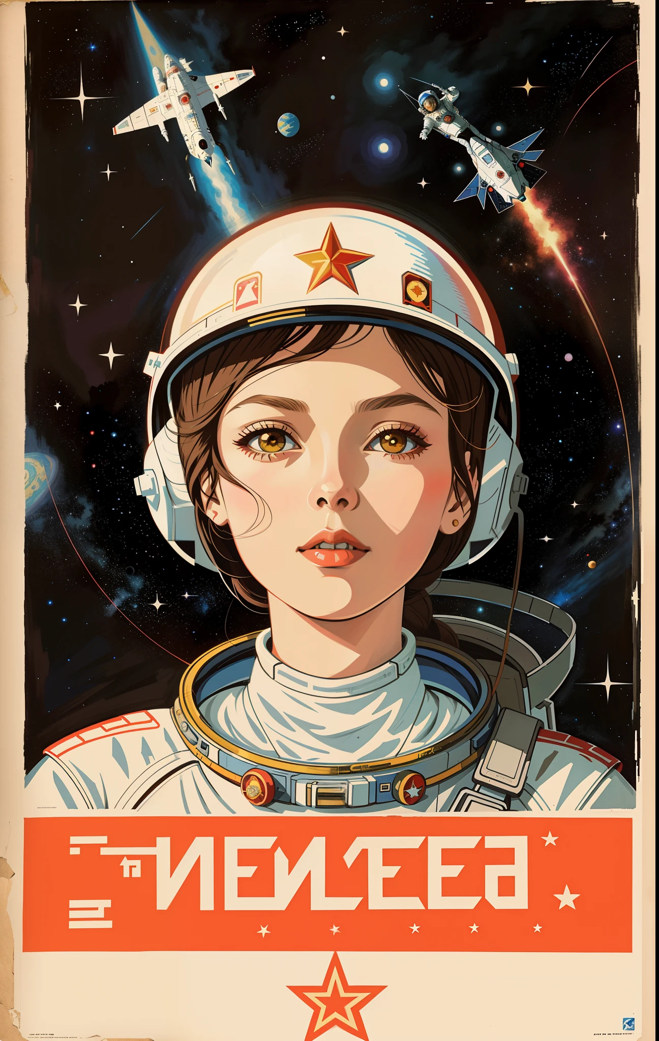 shepardic poster of a woman in a space suit with a star on her head, portrait anime space cadet girl, artgerm jsc, jen bartel, girl in space, soviet propaganda poster style, portrait armored astronaut girl, soviet propaganda art, soviet propaganda style, soviet propaganda, artwork in the style of guweiz, sergey zabelin, cosmonaut