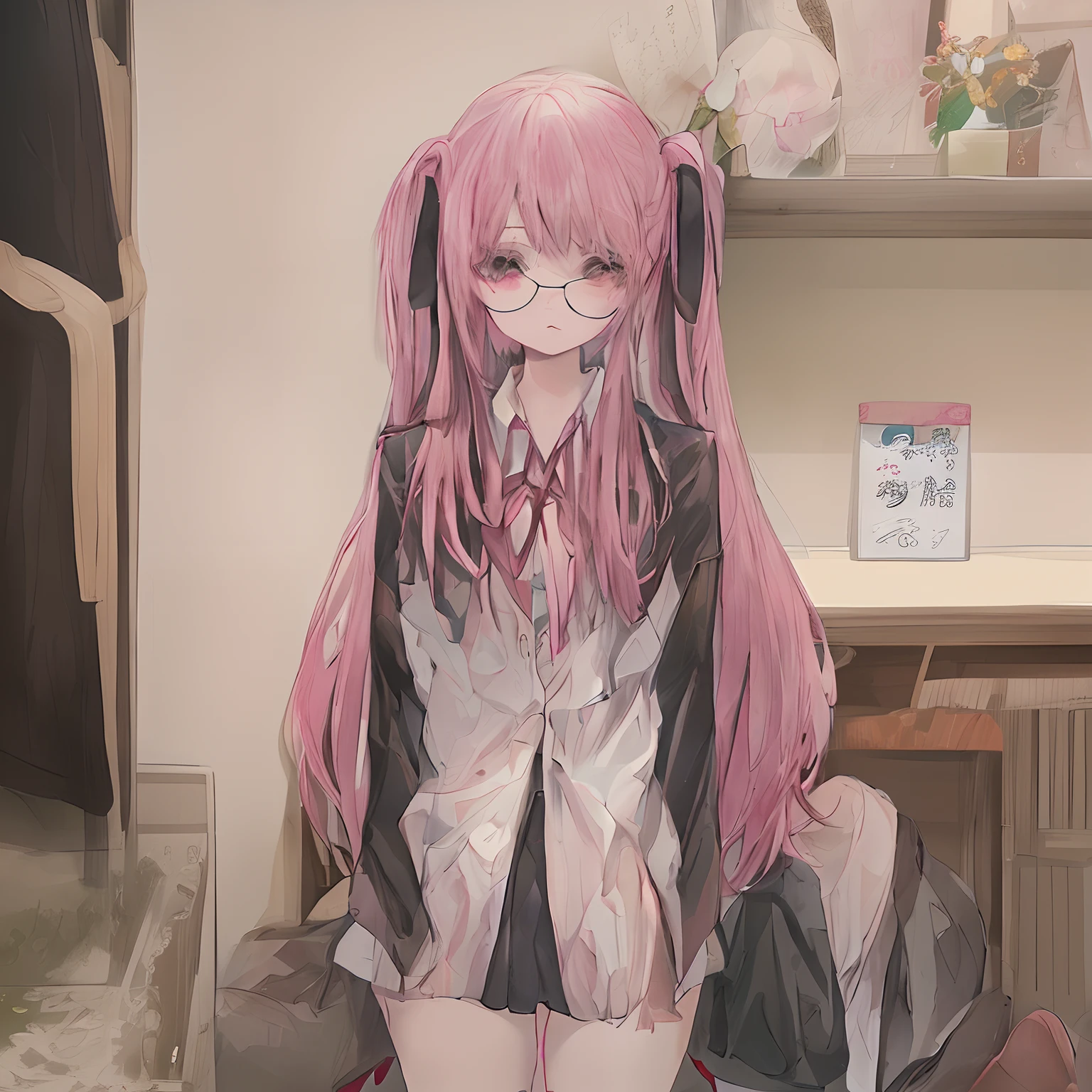 being thin　slim figure　eye glass　Red cheeks　Pink knees　the whole body has a ruddy color　Black High Socks　Black leather shoes　A　slim figure　eye glass　Red cheeks　Pink knees　the whole body has a ruddy color　Black High Socks　Black leather shoes　Do not write contour lines in black　Outline is color々Draw using colors